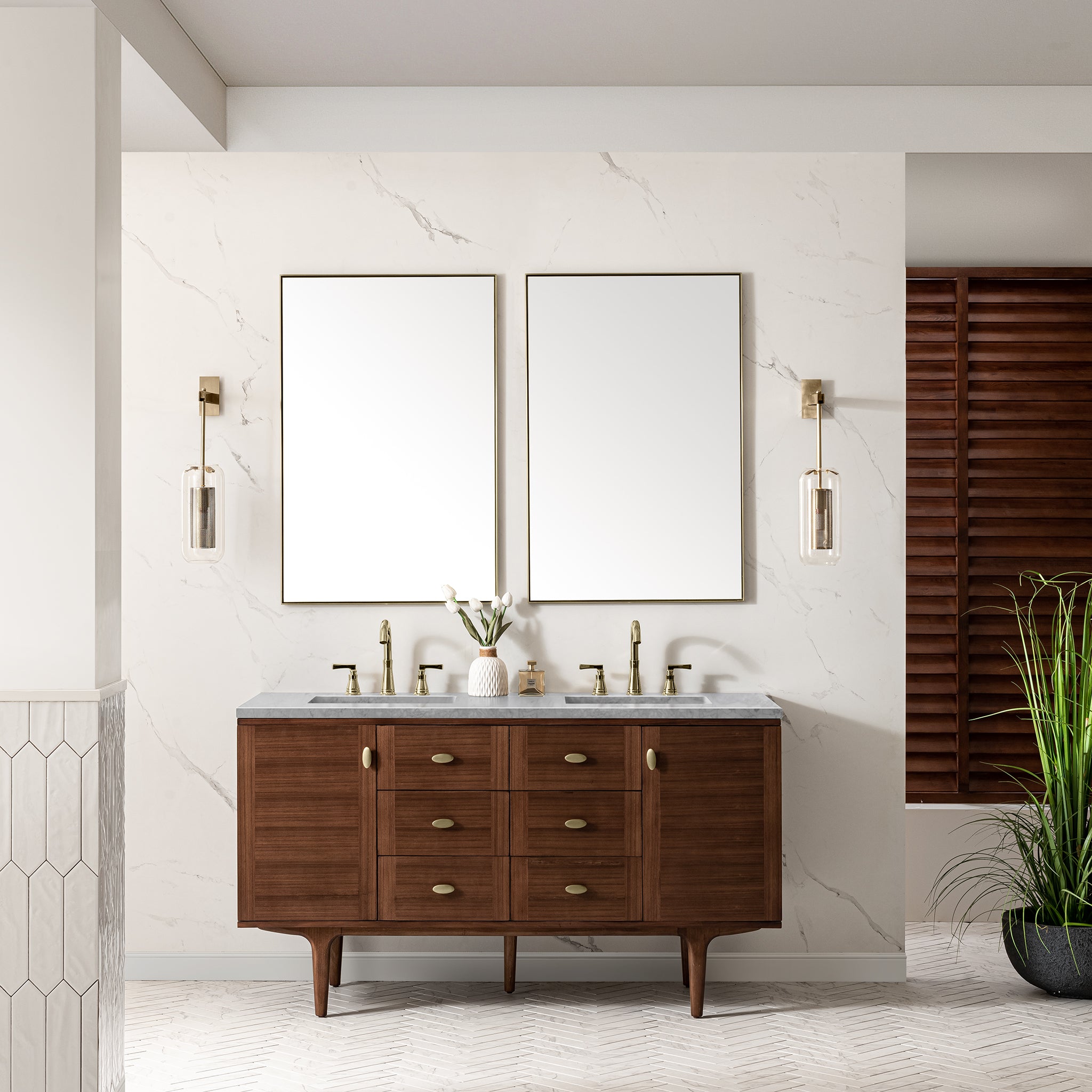 James Martin Amberly 60" Double Vanity in Mid-Century Walnut with 3cm Countertop