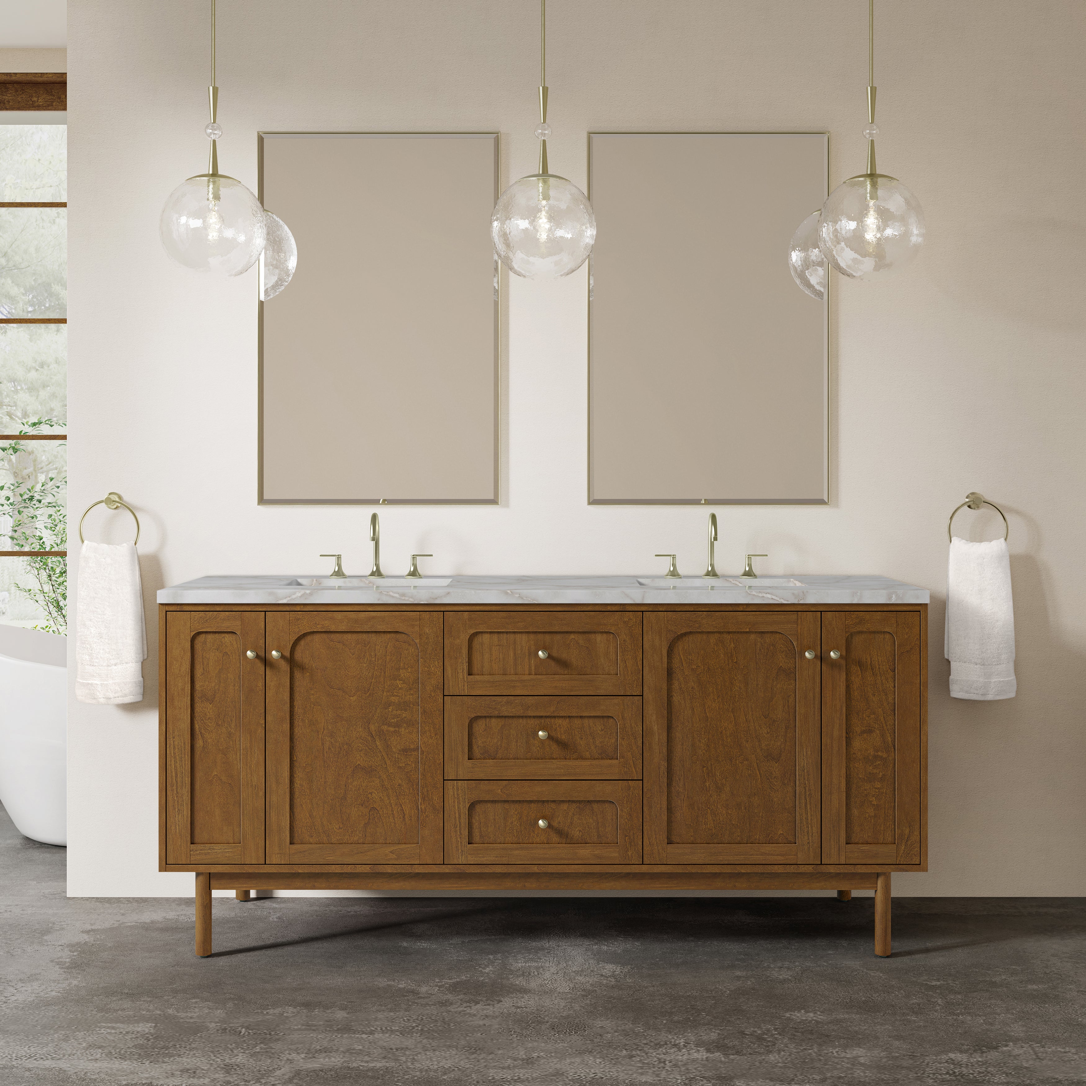 James Martin Laurent 72" Double Vanity in Honey Oak with 3cm Countertop and FreePower Wireless Charger