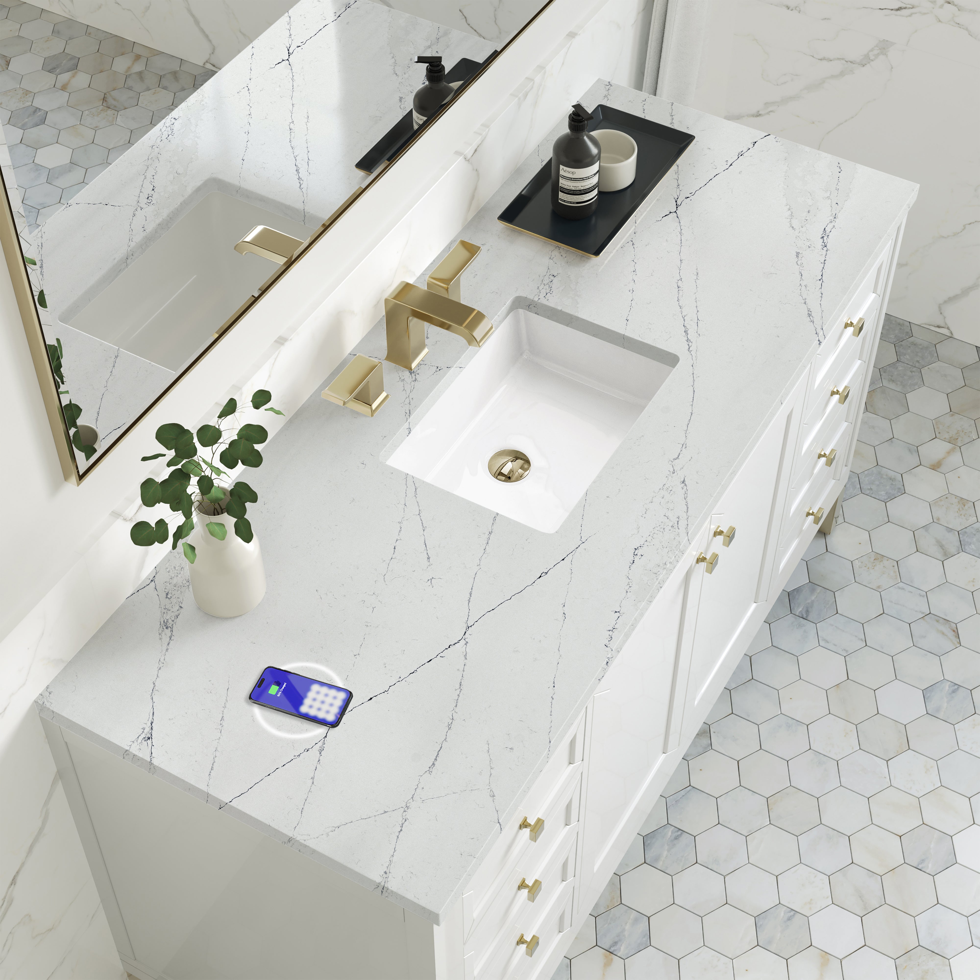James Martin Chicago 60" Single Vanity in Glossy White with 3cm Countertop and FreePower Wireless Charger