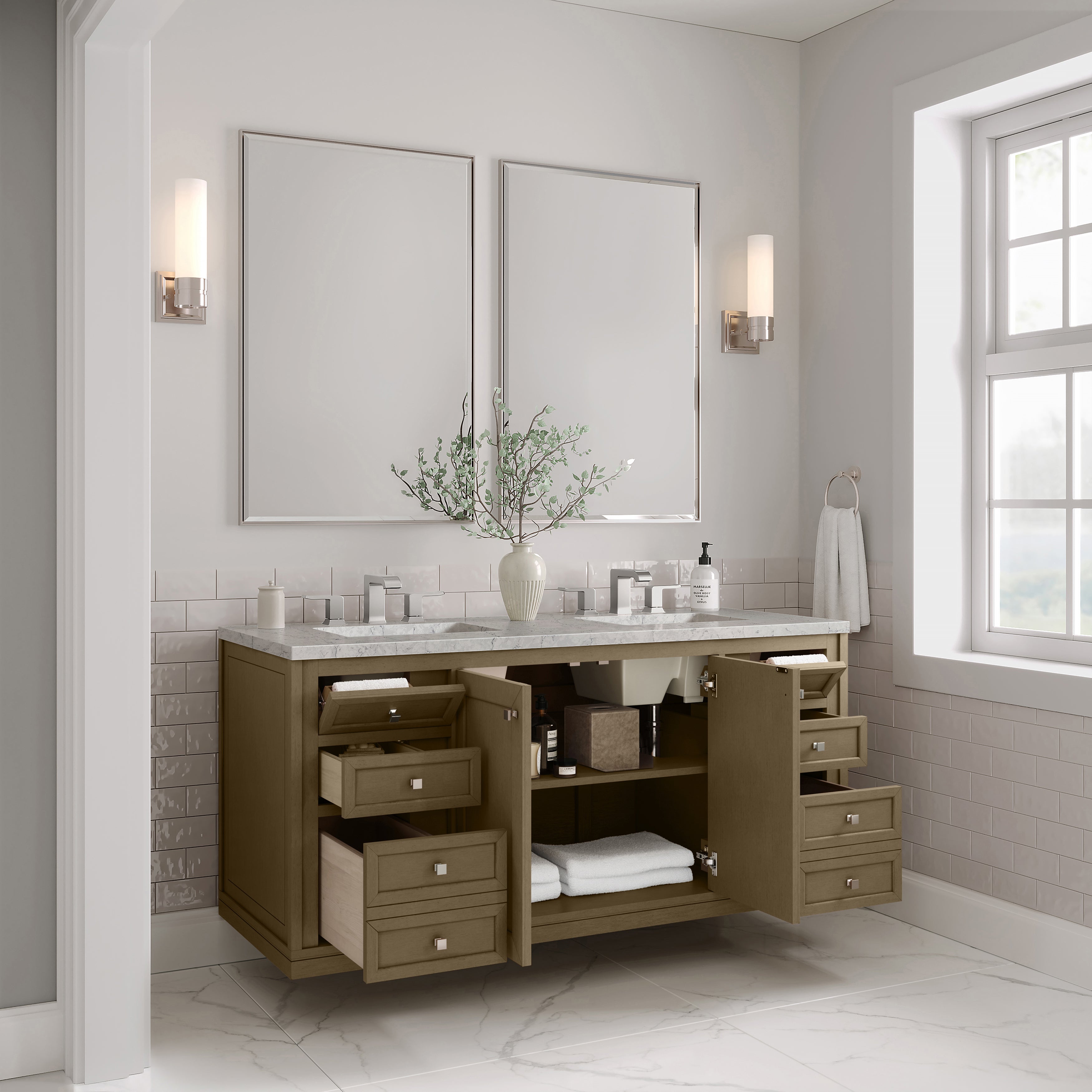 James Martin Chicago 60" Double Vanity in Walnut Whisper with 3cm Countertop and FreePower Wireless Charger