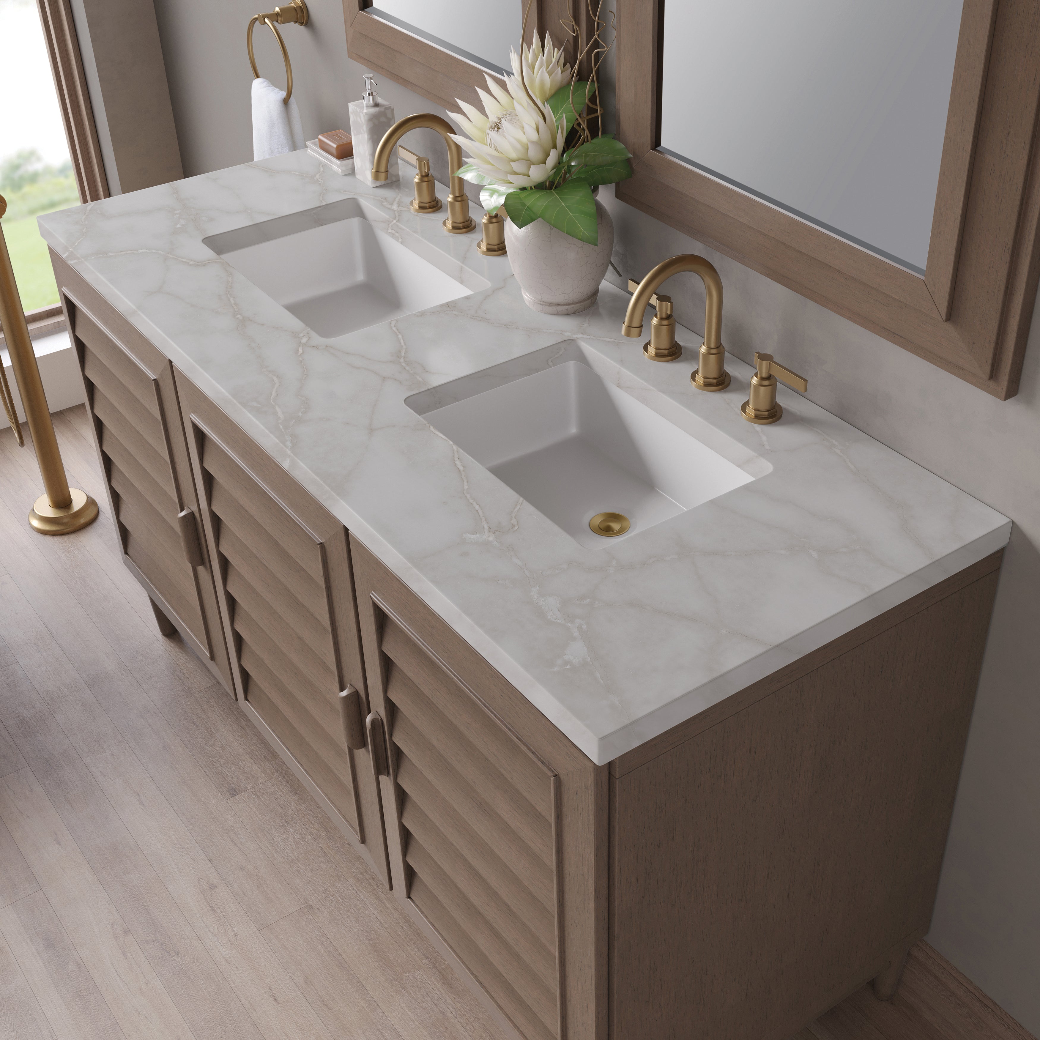 James Martin Portland 60" Double Vanity in Whitewashed Walnut with 3cm Countertop and FreePower Wireless Charger