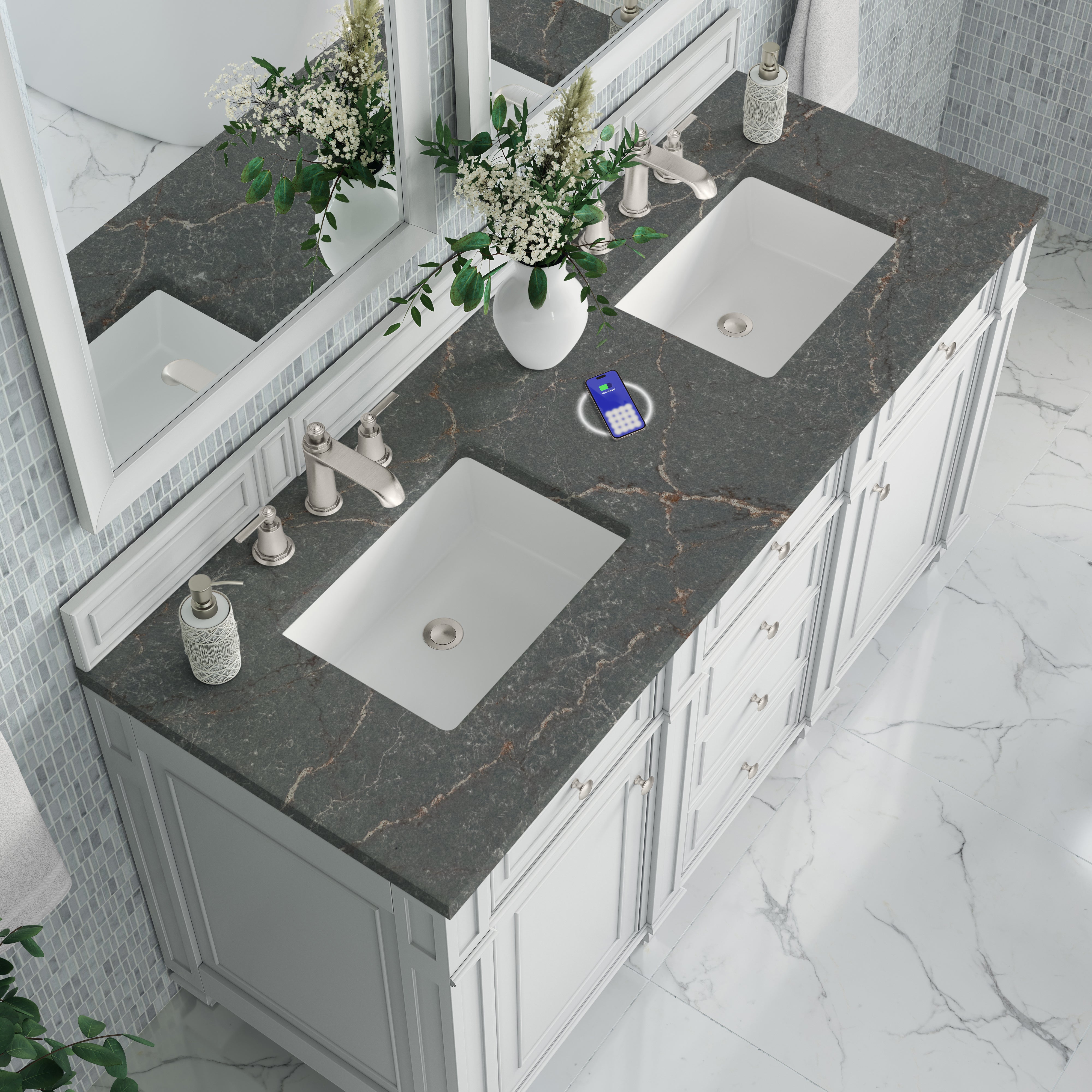 James Martin Bristol 60" Double Vanity in Bright White with 3cm Countertop and FreePower Wireless Charger