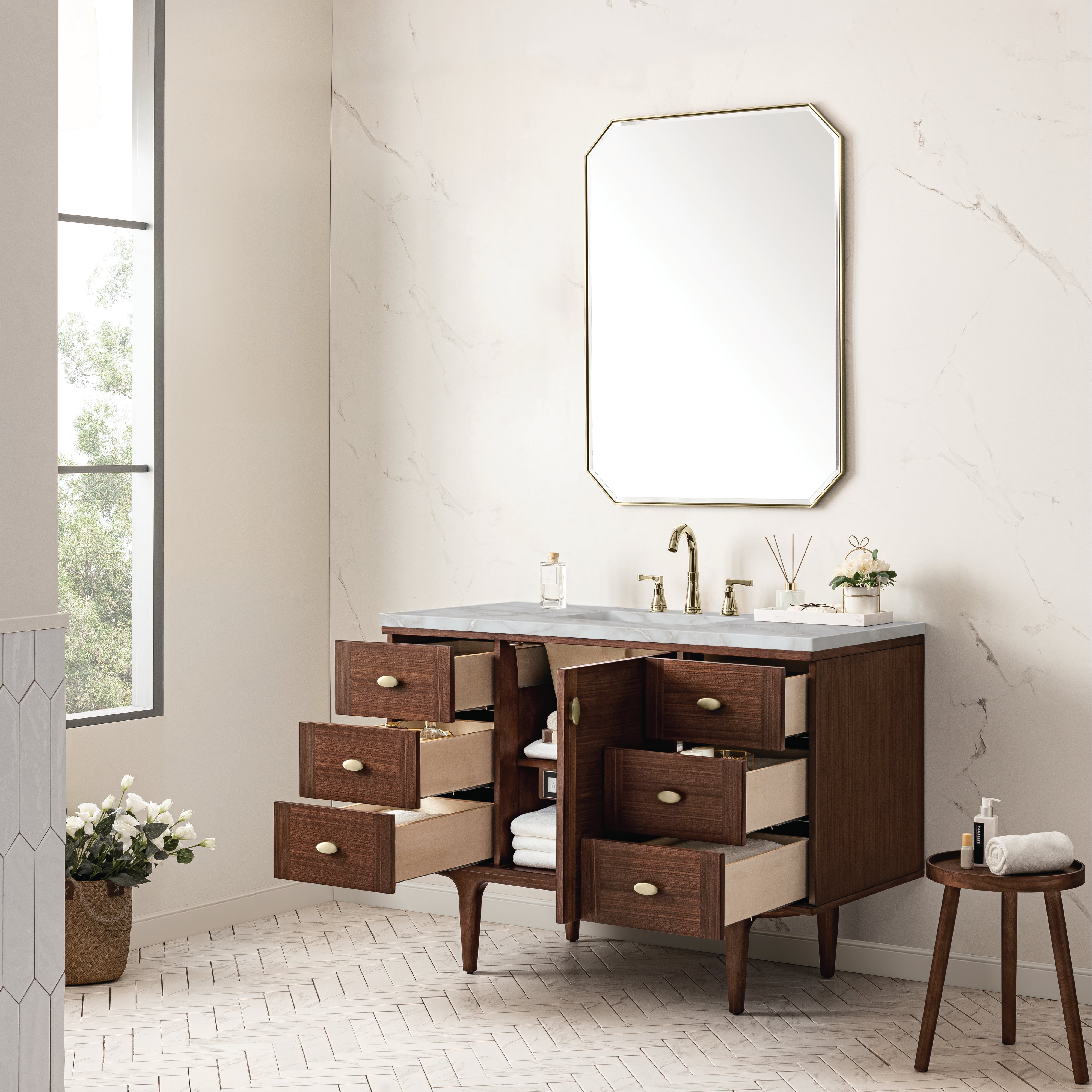 James Martin Amberly 48" Single Vanity in Mid-Century Walnut with 3cm Countertop and FreePower Wireless Charger