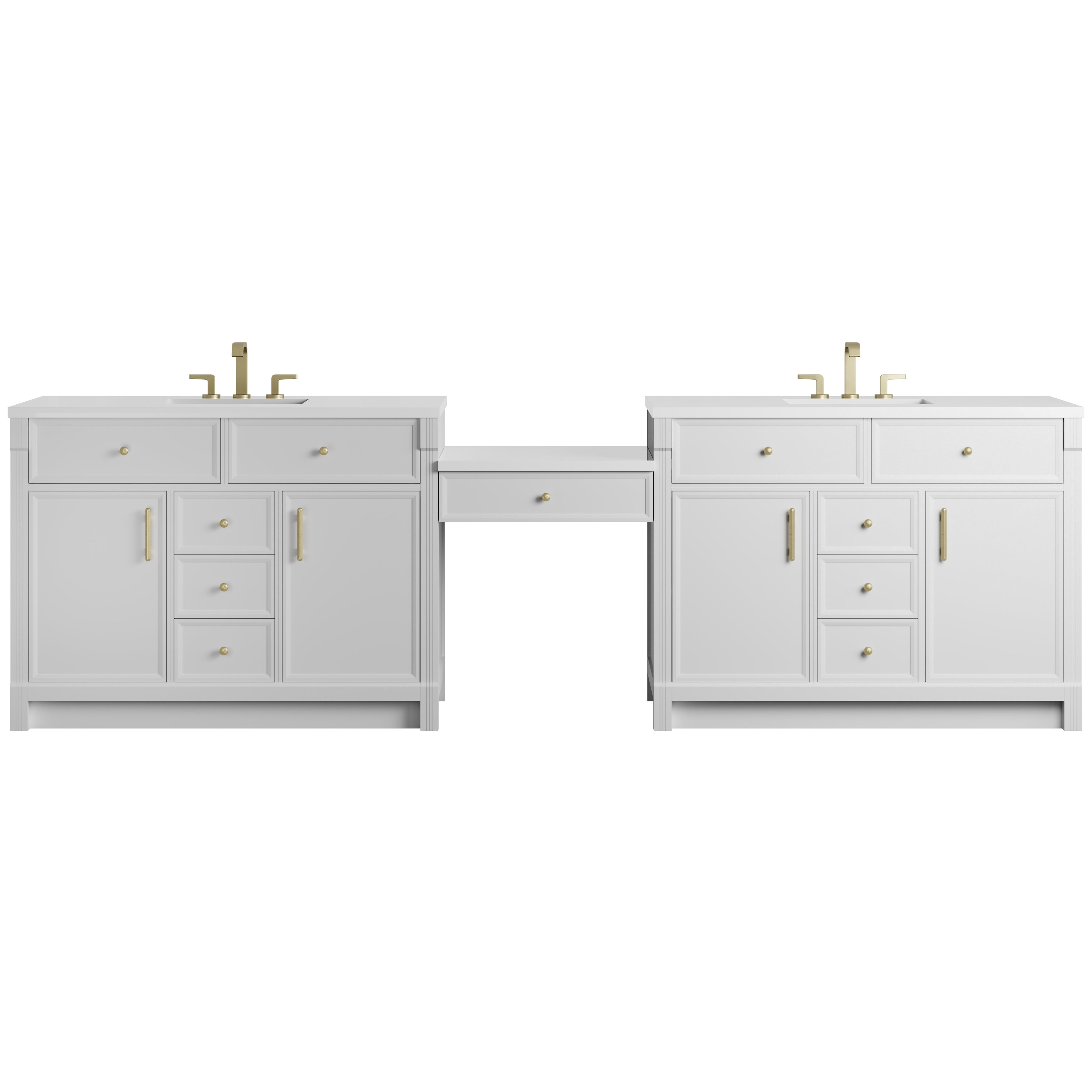 James Martin Bellshire 120" Dual Vanity Set with 24" Make-Up Counter in Bright White with 3cm Countertop
