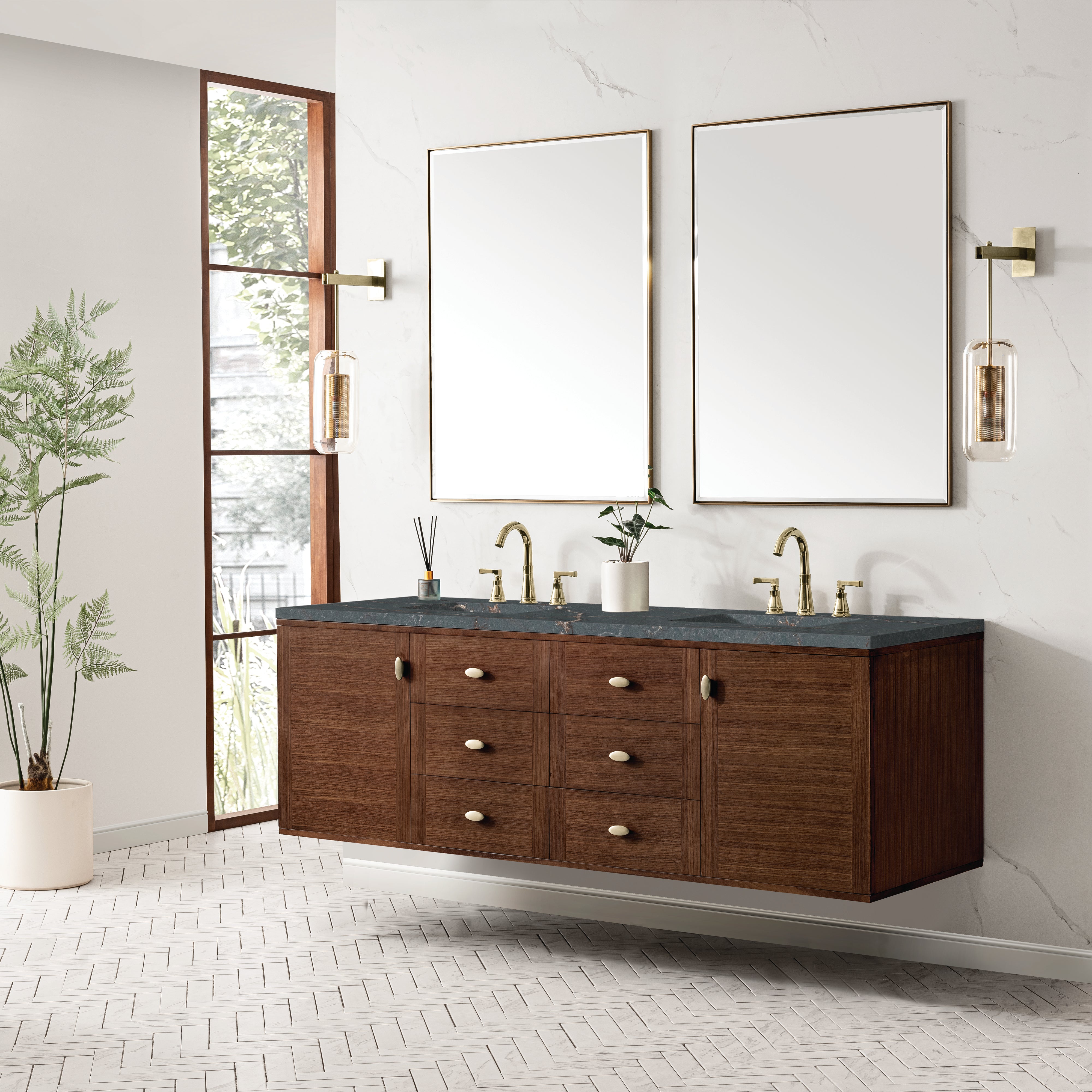 James Martin Amberly 72" Double Vanity in Mid-Century Walnut with 3cm Countertop