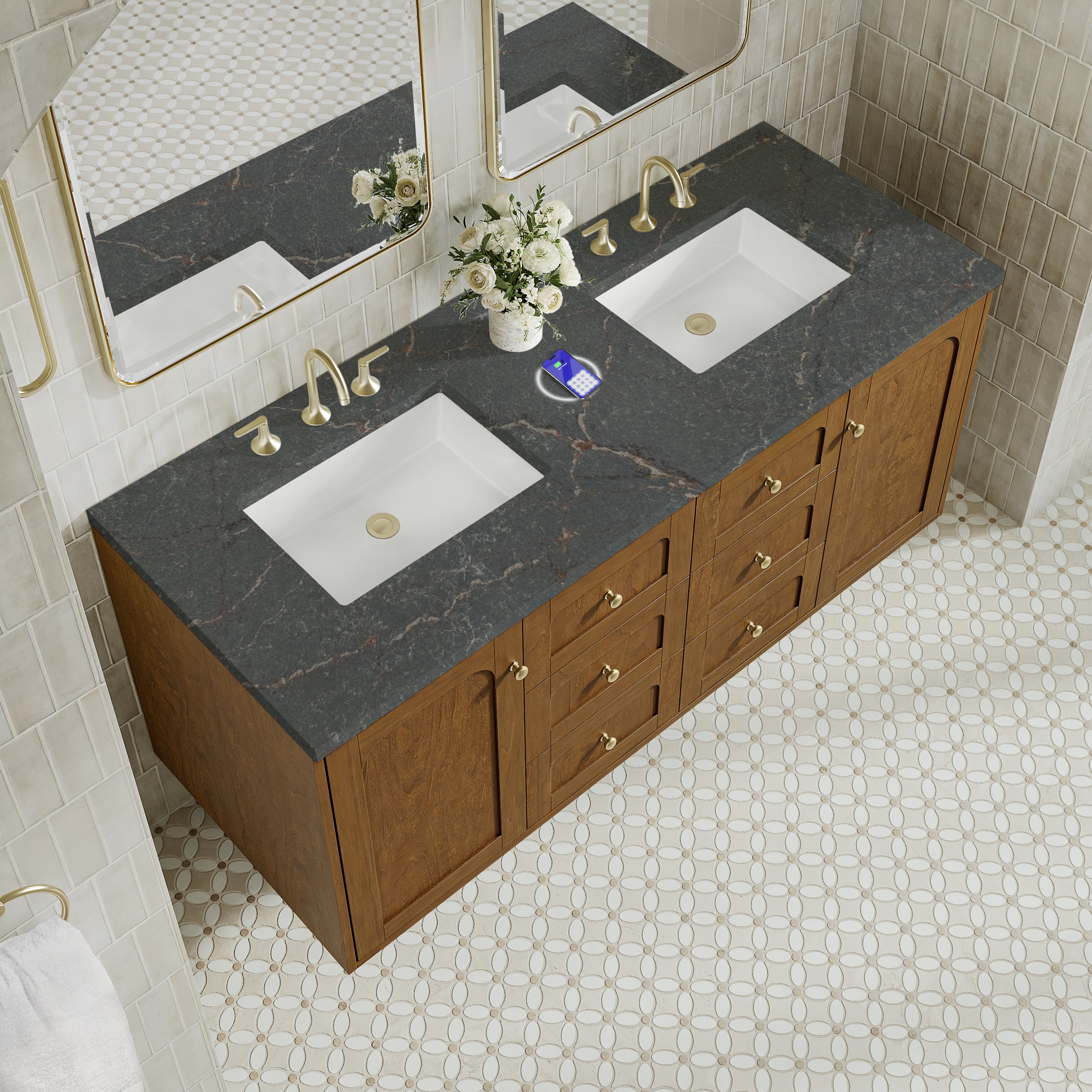 James Martin Laurent 60" Double Vanity in Honey Oak with 3cm Countertop and FreePower Wireless Charger