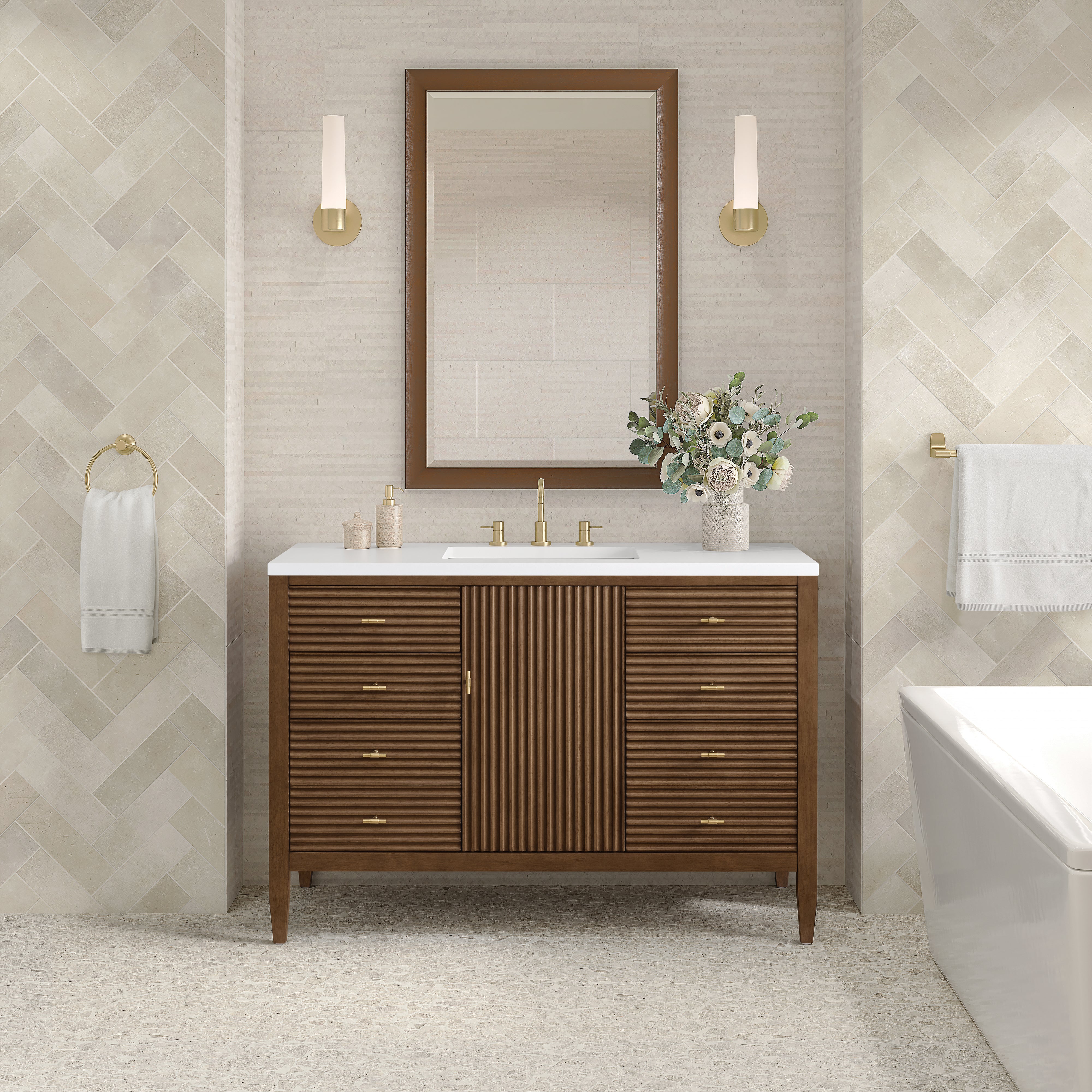 James Martin Myrrin 48" Single Vanity in Mid Century Walnut with 3cm Countertop