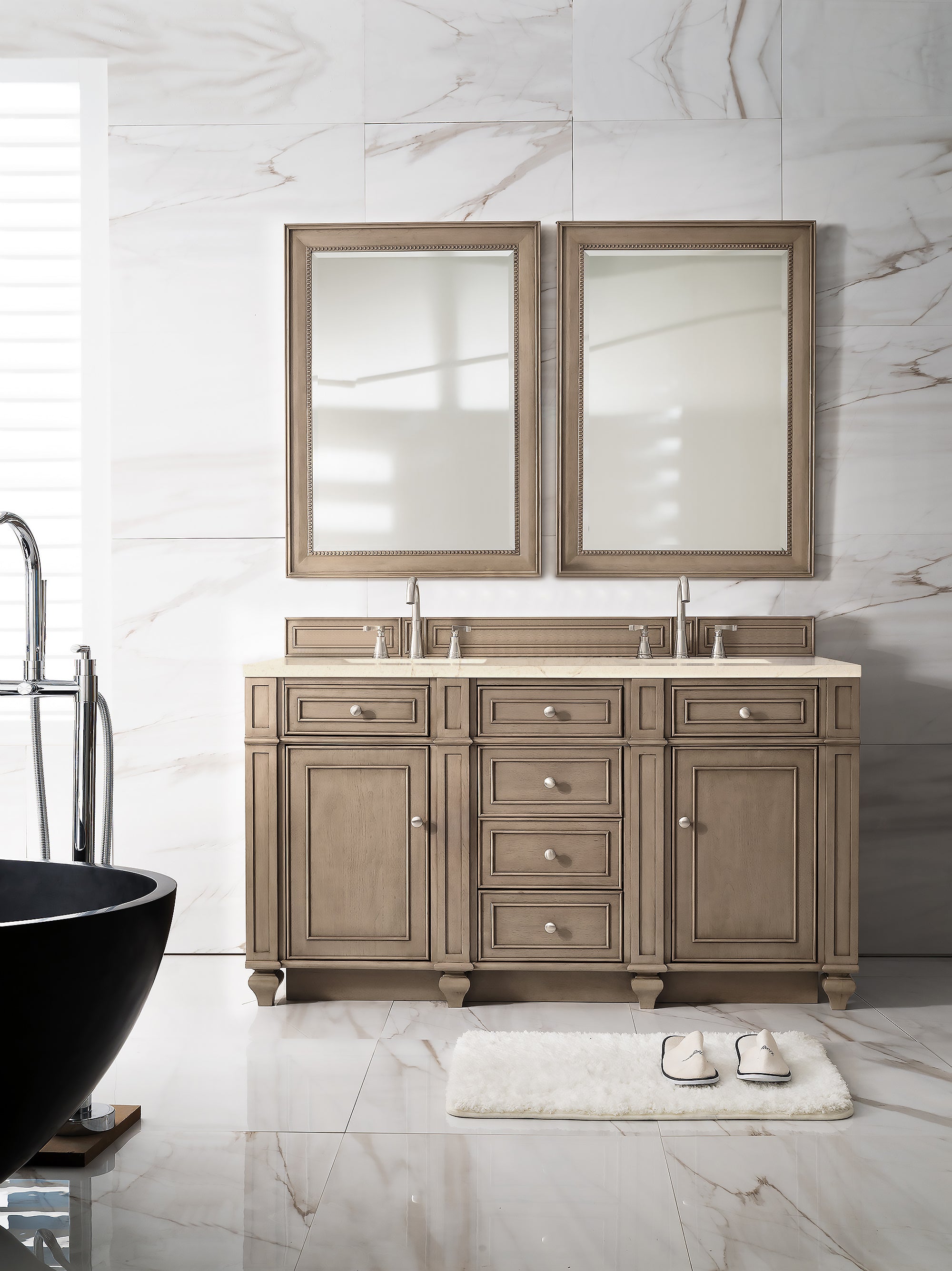 James Martin Bristol 60" Double Vanity in Whitewashed Walnut with 3cm Countertop