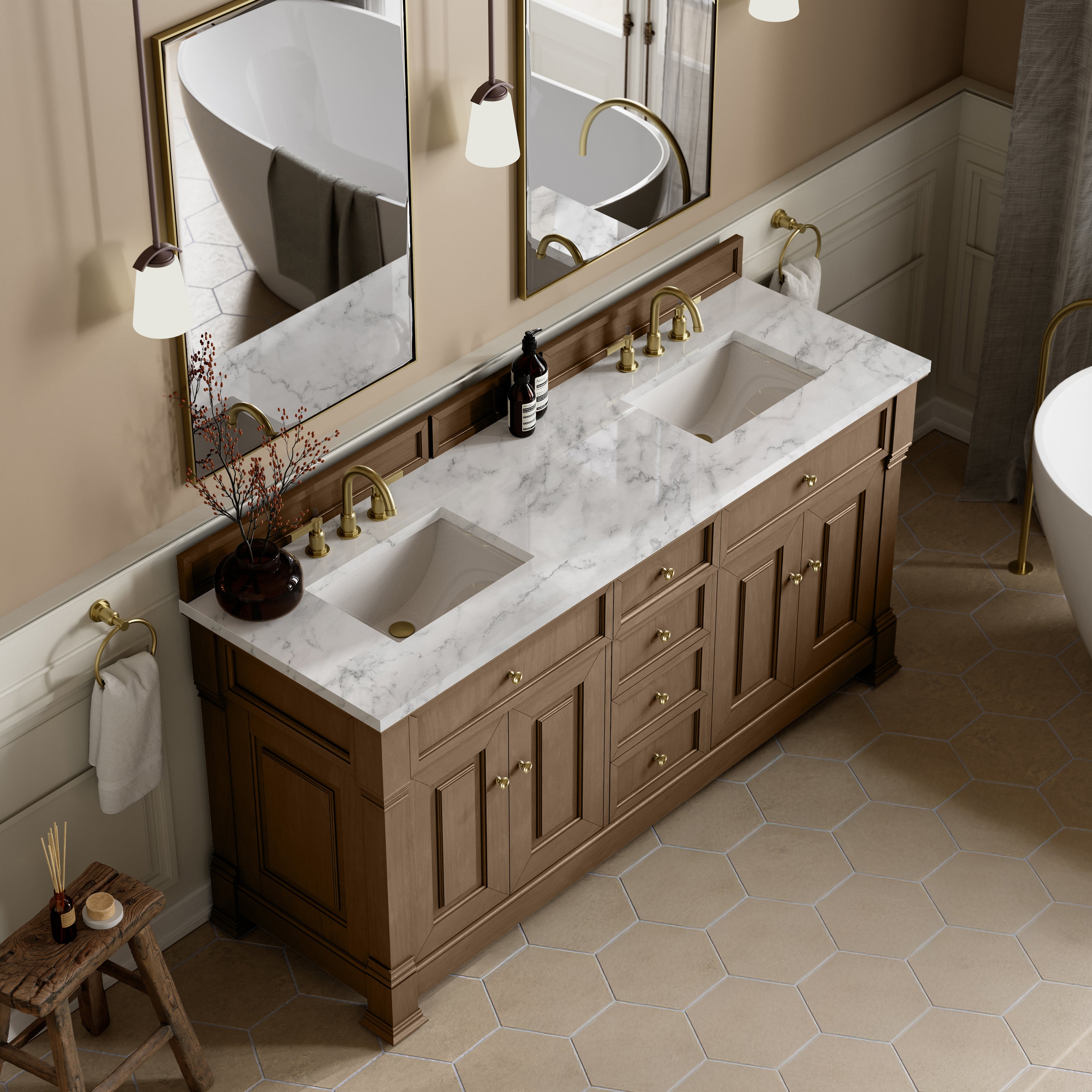 James Martin Brookfield 72" Double Vanity in Pecan with 3cm Countertop