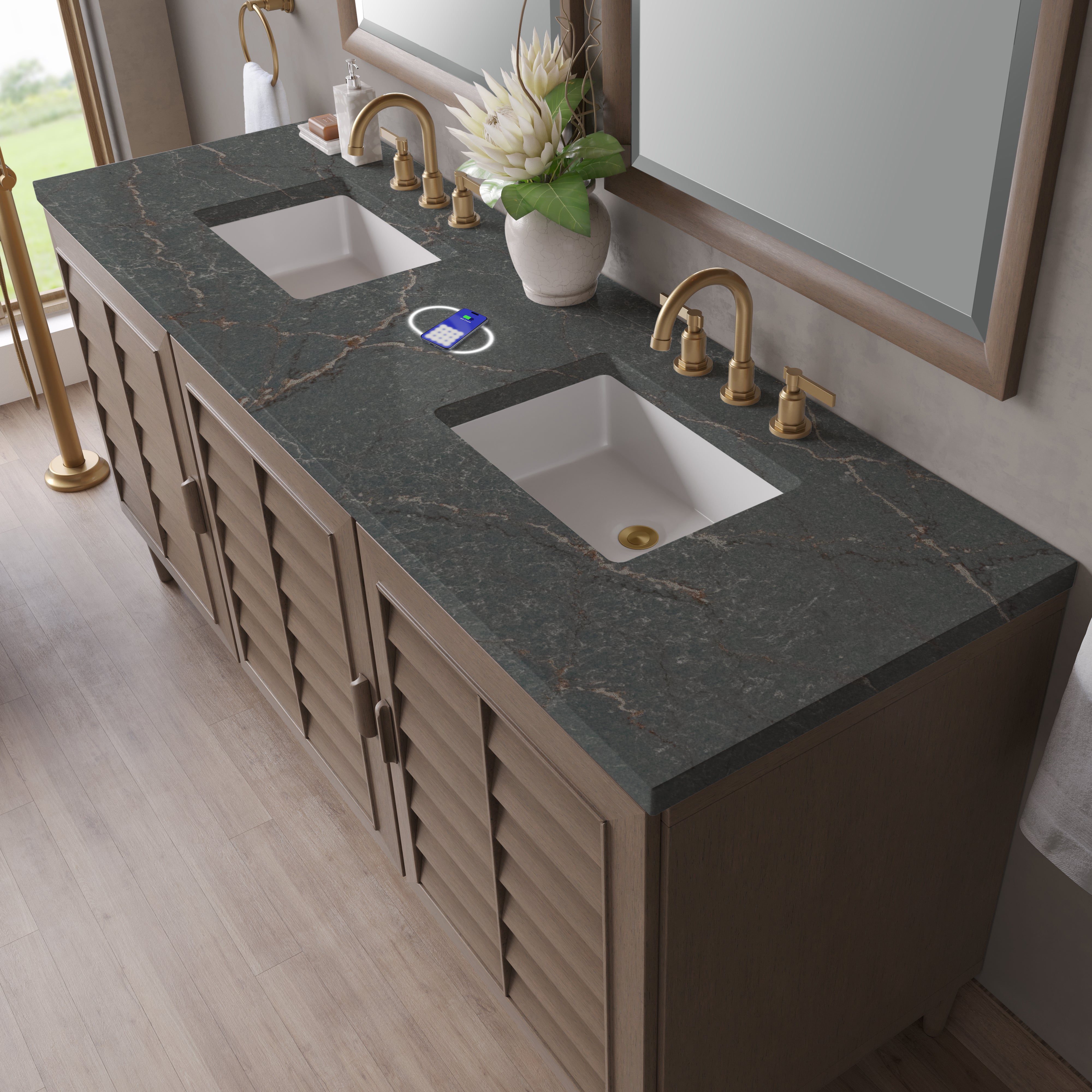 James Martin Portland 72" Double Vanity in Whitewashed Walnut with 3cm Countertop and FreePower Wireless Charger