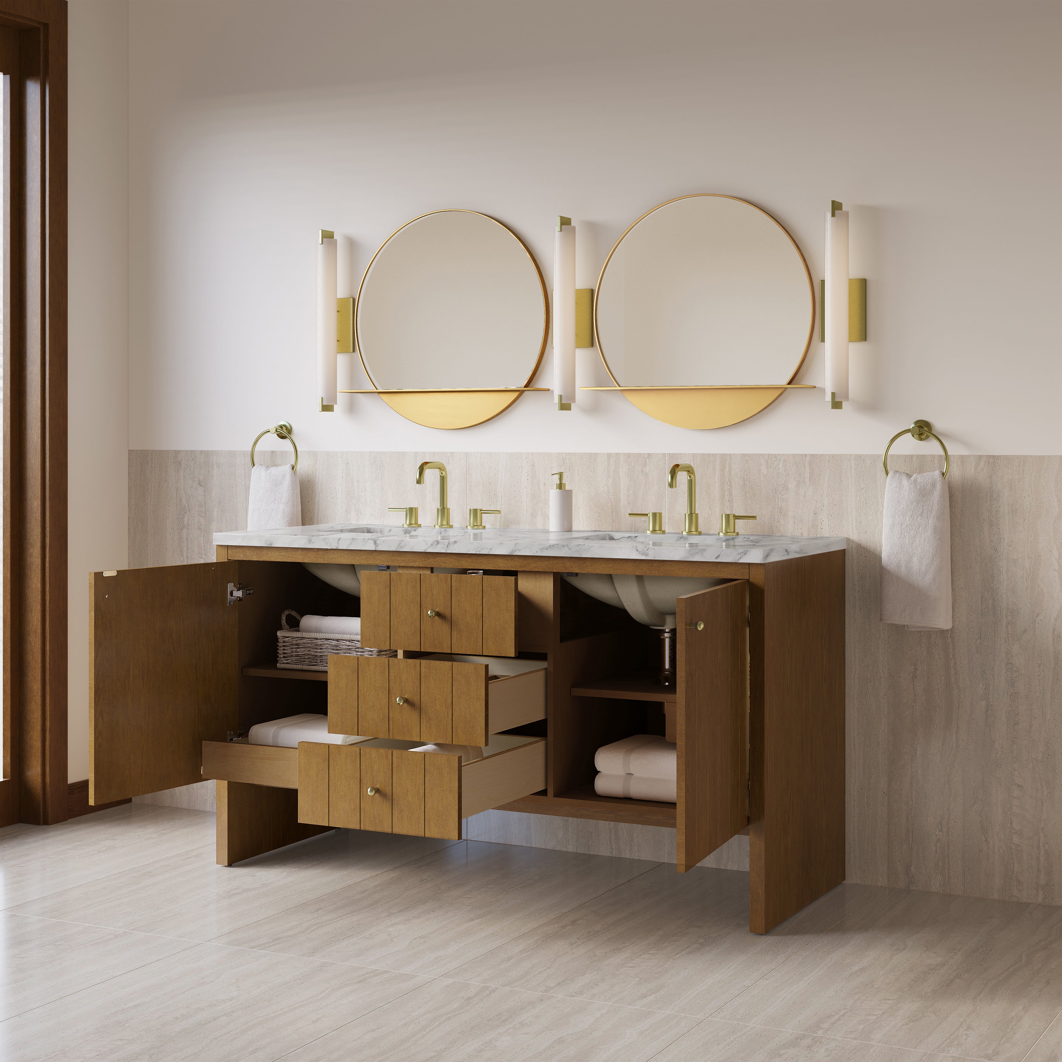 James Martin Hudson 60" Double Vanity in Honey Oak with 3cm Countertop