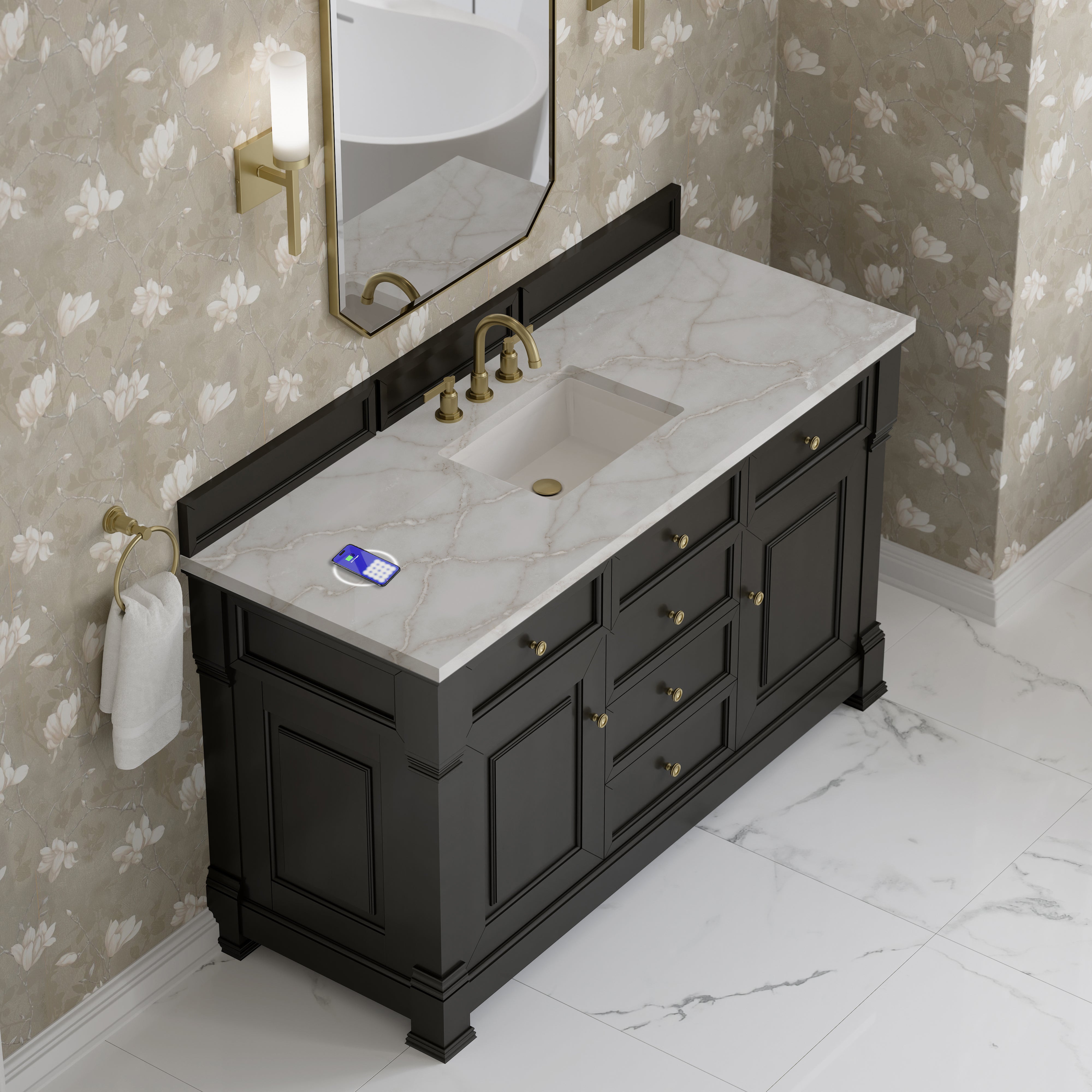 James Martin Brookfield 60" Single Vanity in Black Onyx with 3cm Countertop and FreePower Wireless Charger