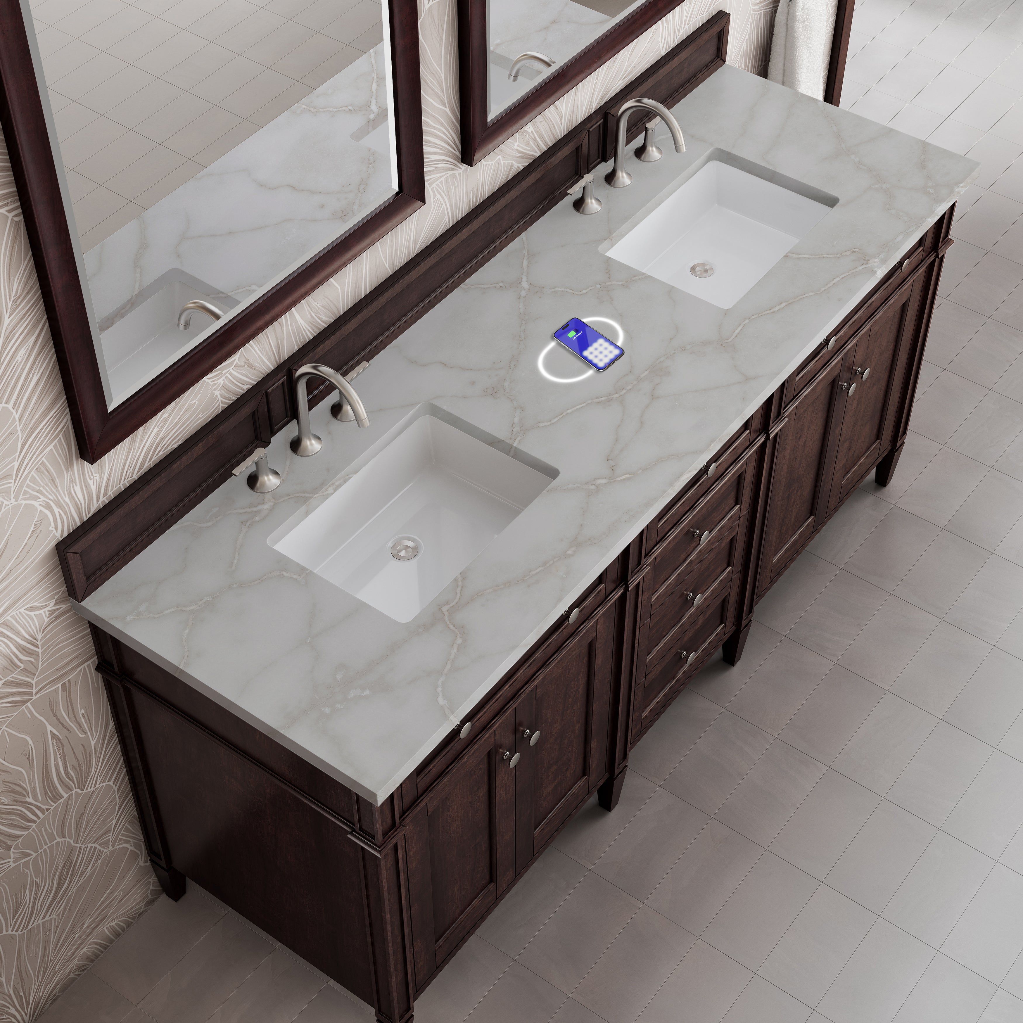 James Martin Brittany 72" Double Vanity in Burnished Mahogany with 3cm Countertop and FreePower Wireless Charger