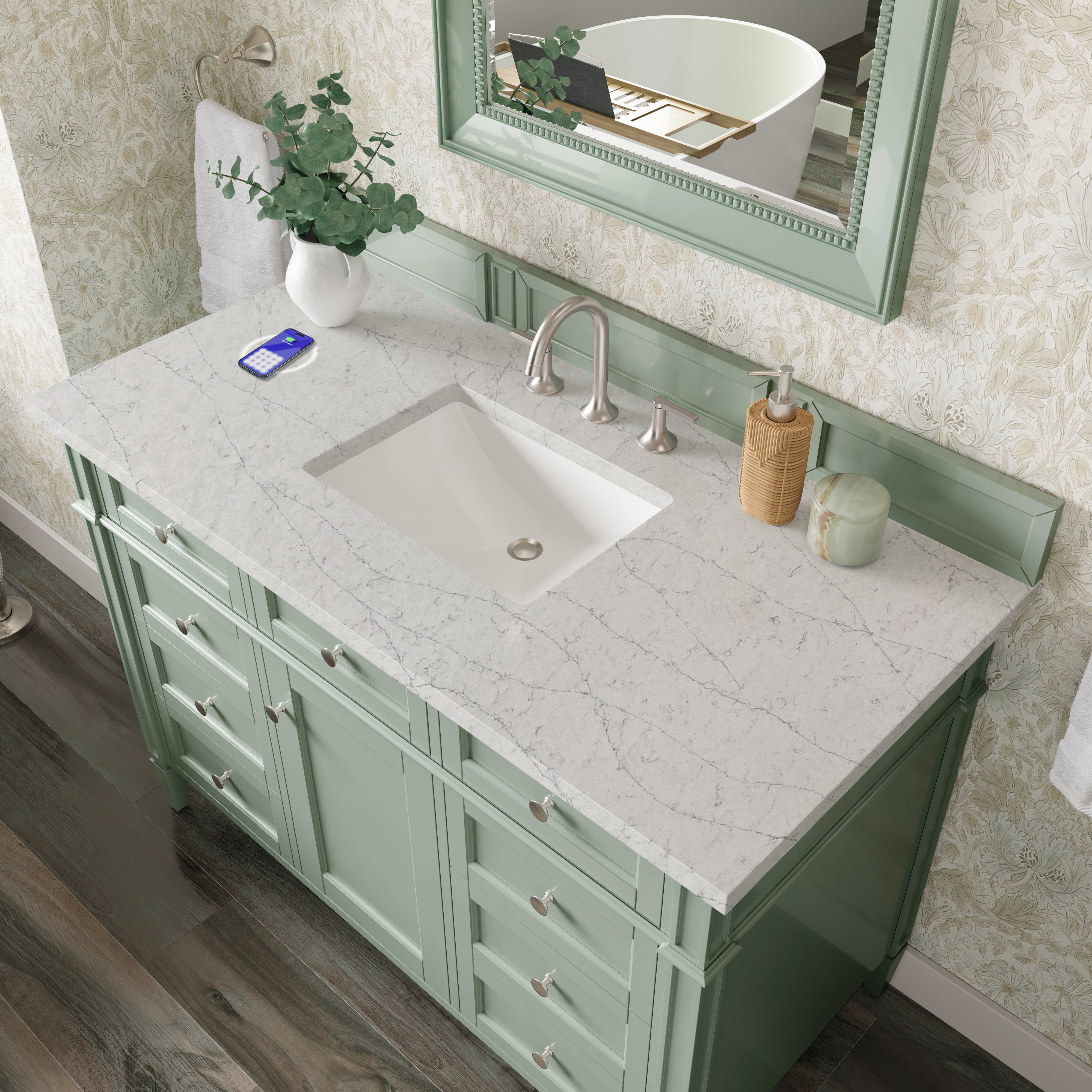 James Martin Brittany 48" Single Vanity in Sage Green with 3cm Countertop and FreePower Wireless Charger