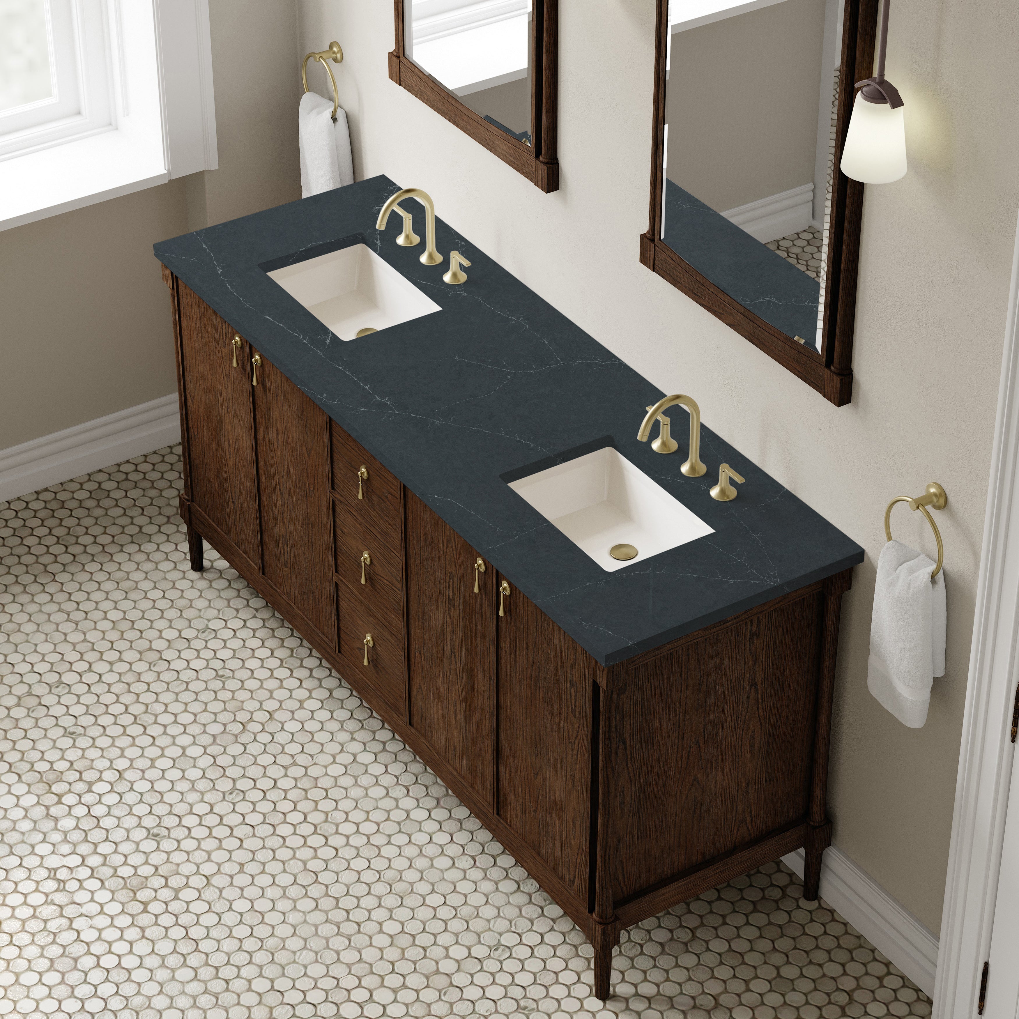 James Martin Kinnsden 72" Double Vanity in Sable Oak with 3cm Carrara Marble Top
