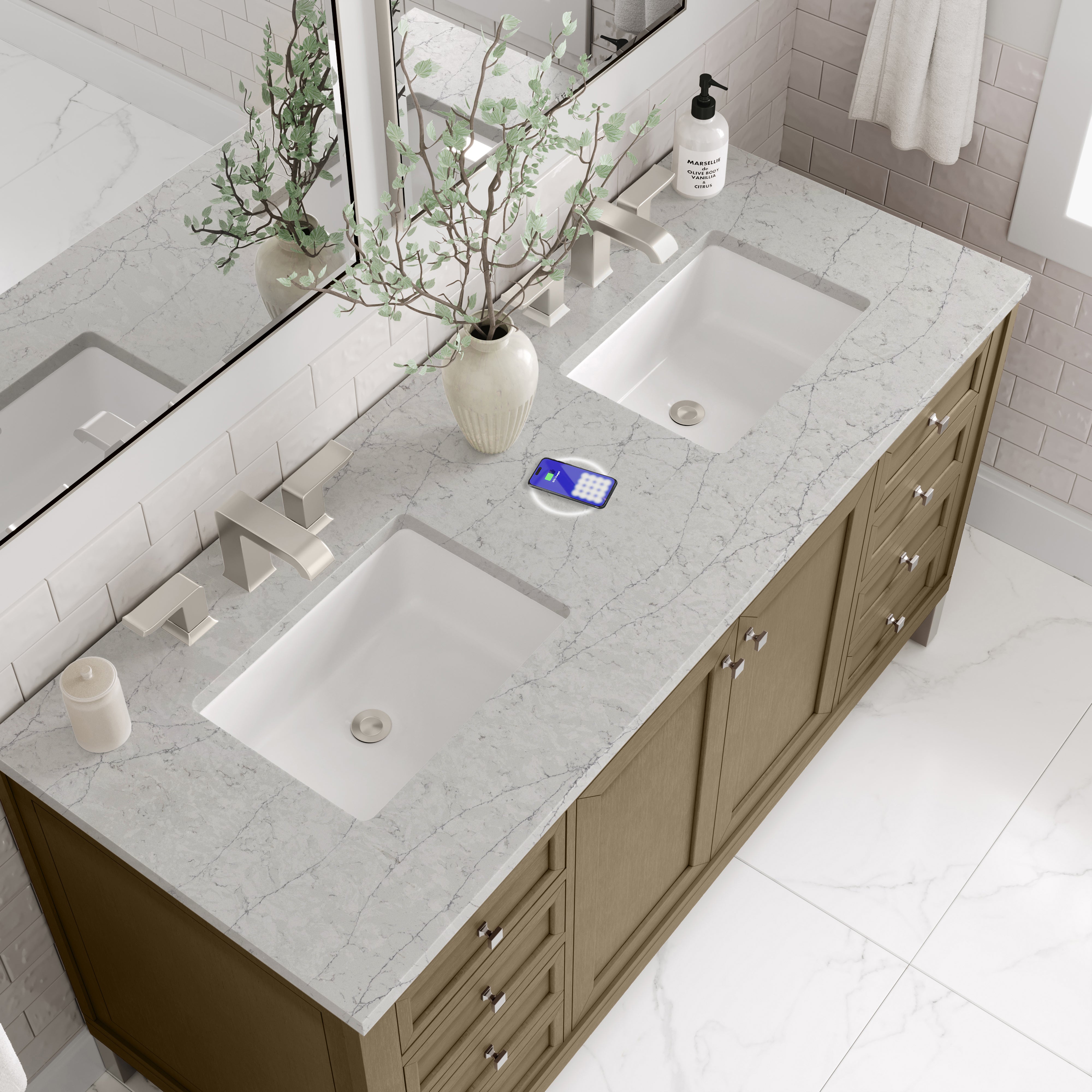 James Martin Chicago 60" Double Vanity in Walnut Whisper with 3cm Countertop and FreePower Wireless Charger