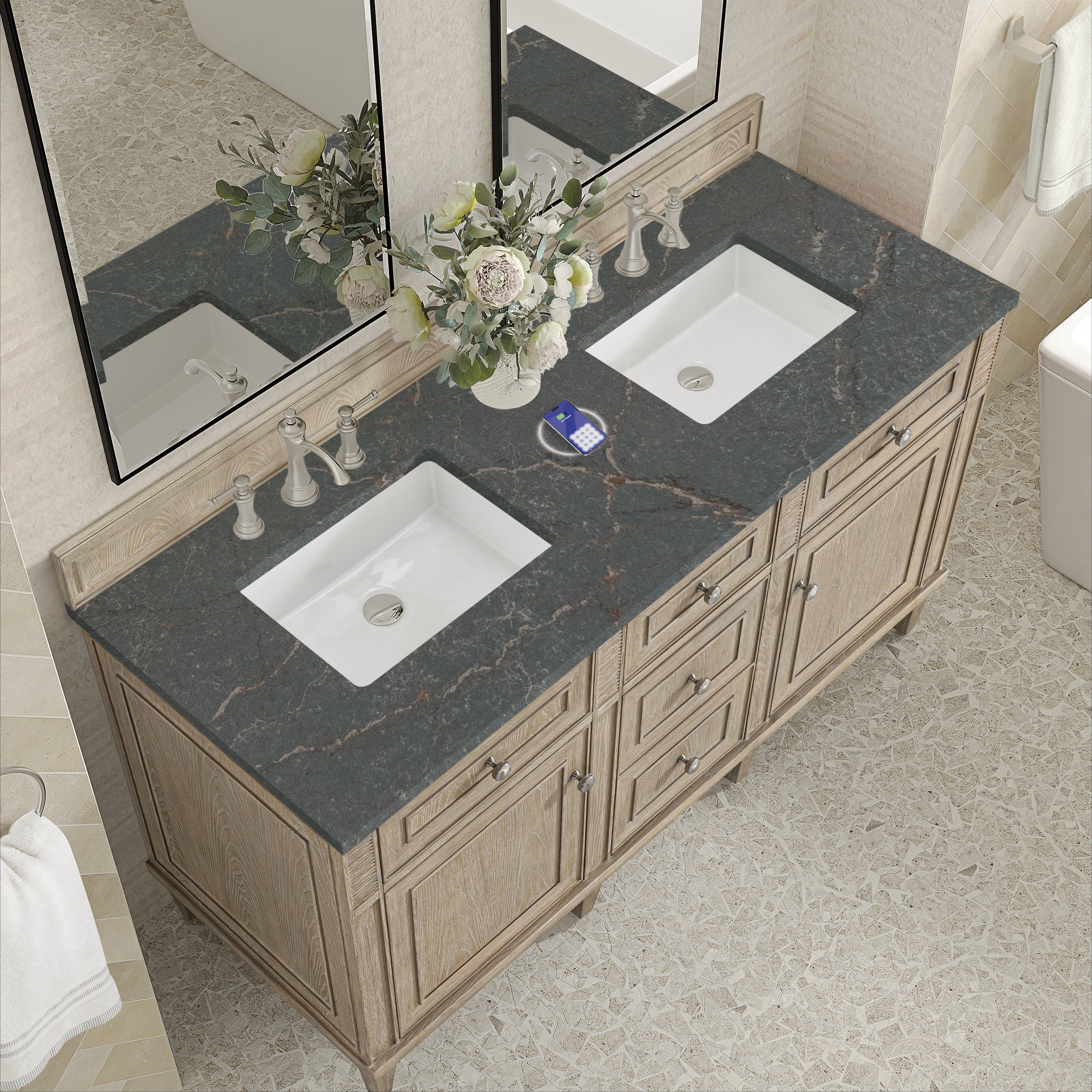 James Martin Lorelai 60" Double Vanity in Whitewashed Oak with 3cm Countertop and FreePower Wireless Charger