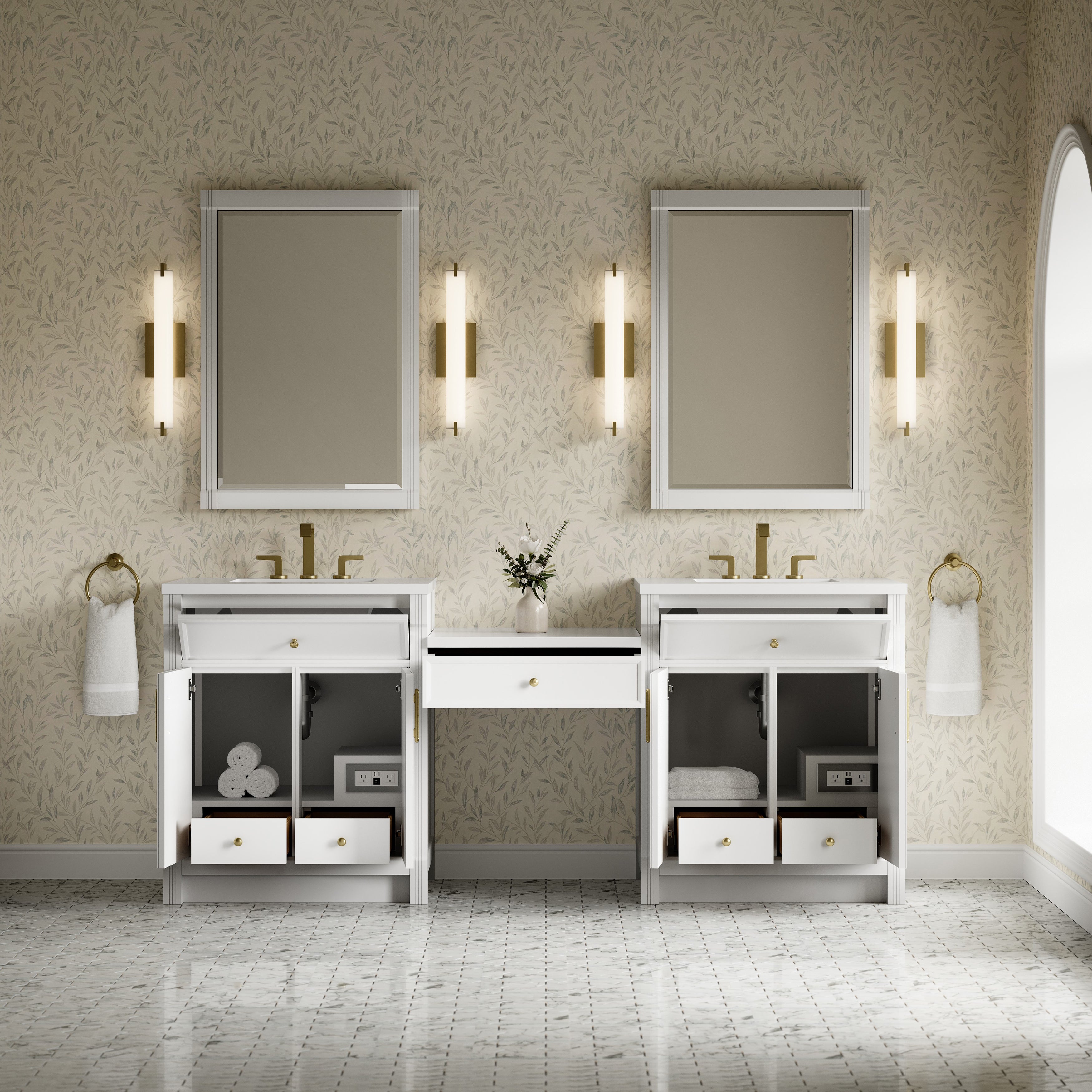 James Martin Bellshire 84" Dual Vanity Set with 24" Make-Up Counter in Bright White with 3cm Countertop