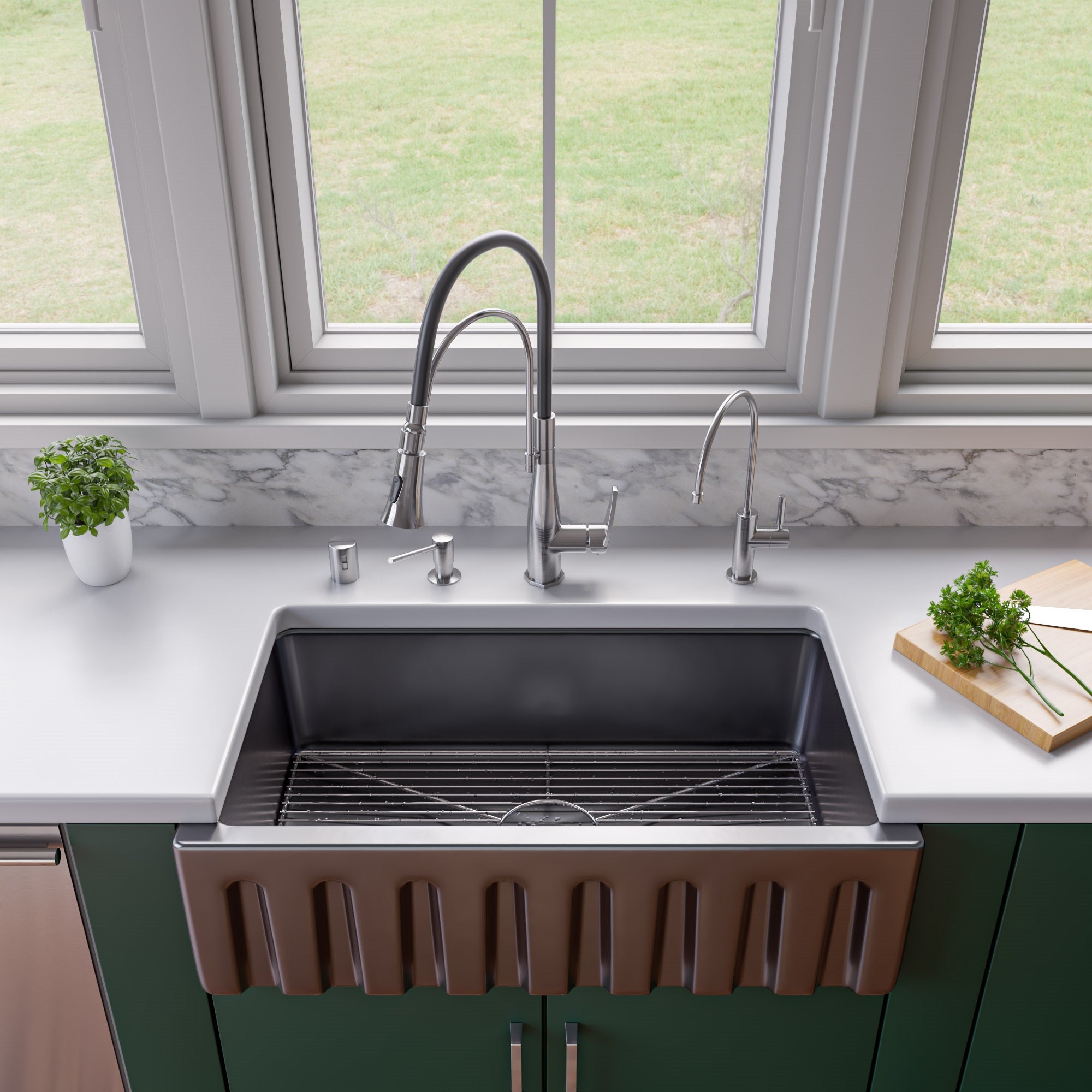 ALFI brand AB3318HS 33" x 18" Reversible Fluted / Smooth Fireclay Farm Sink