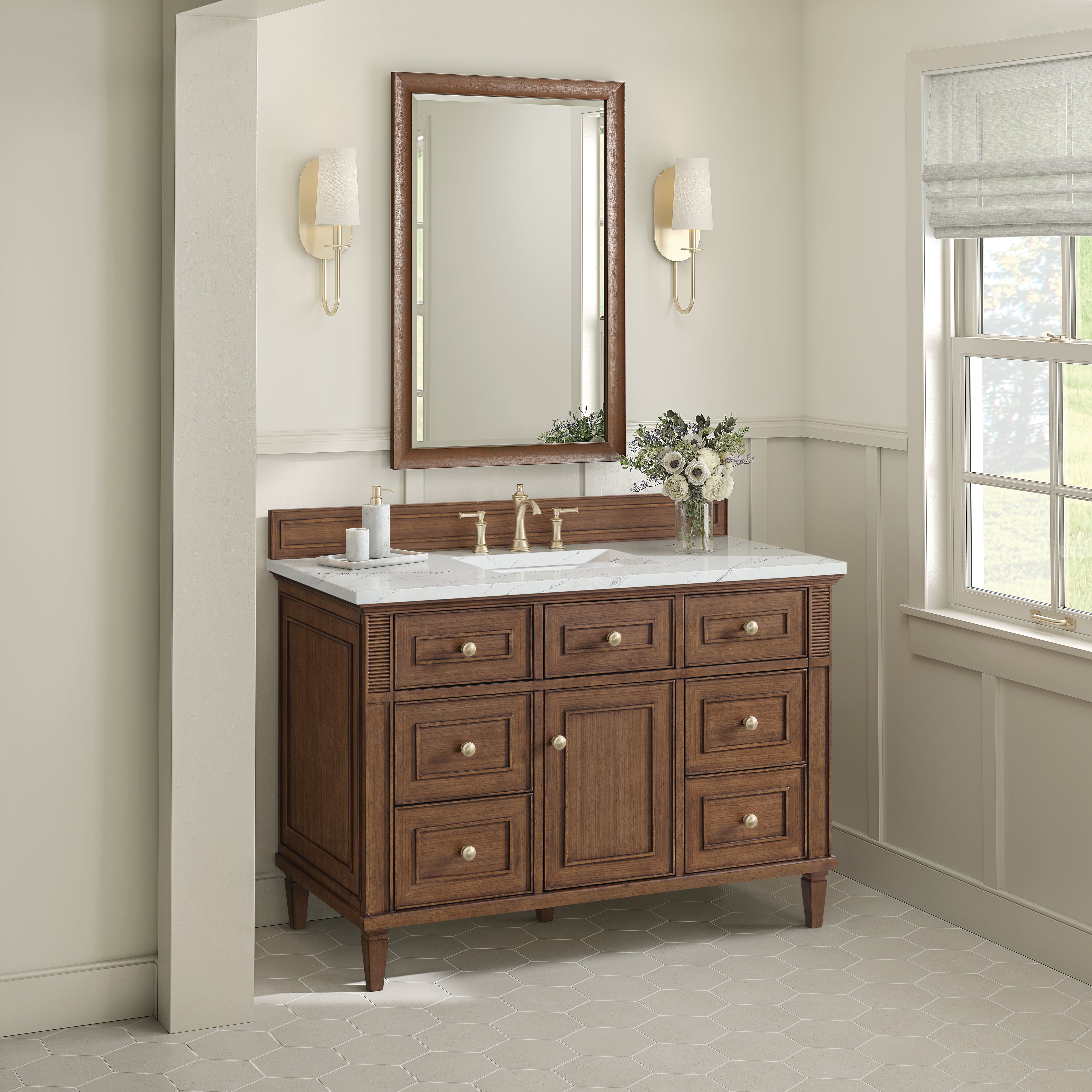 James Martin Lorelai 48" Single Vanity in Mid-Century Walnut with 3cm Countertop and FreePower Wireless Charger