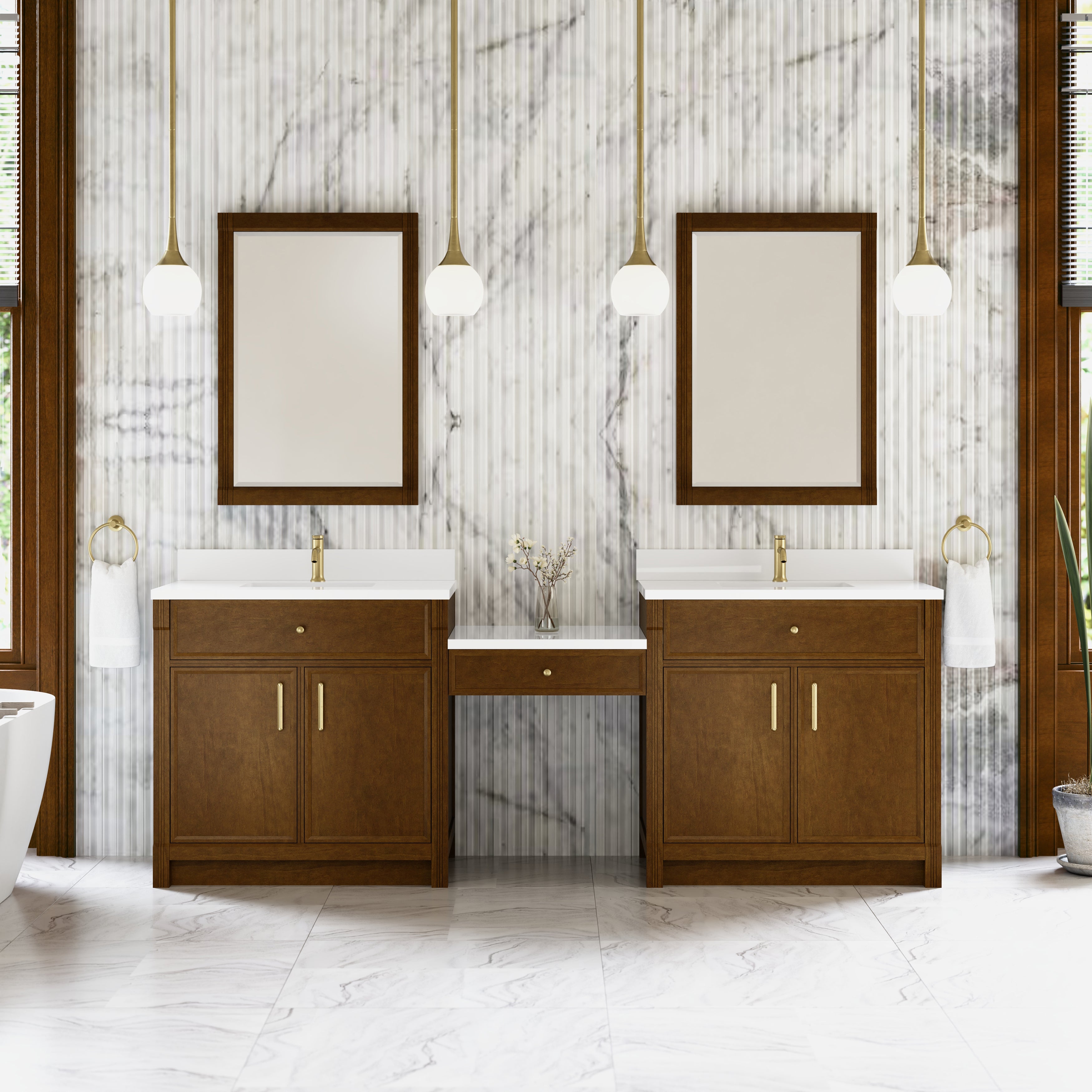 James Martin Bellshire 96" Dual Vanity Set with 24" Make-Up Counter in Honey Oak with 3cm Countertop