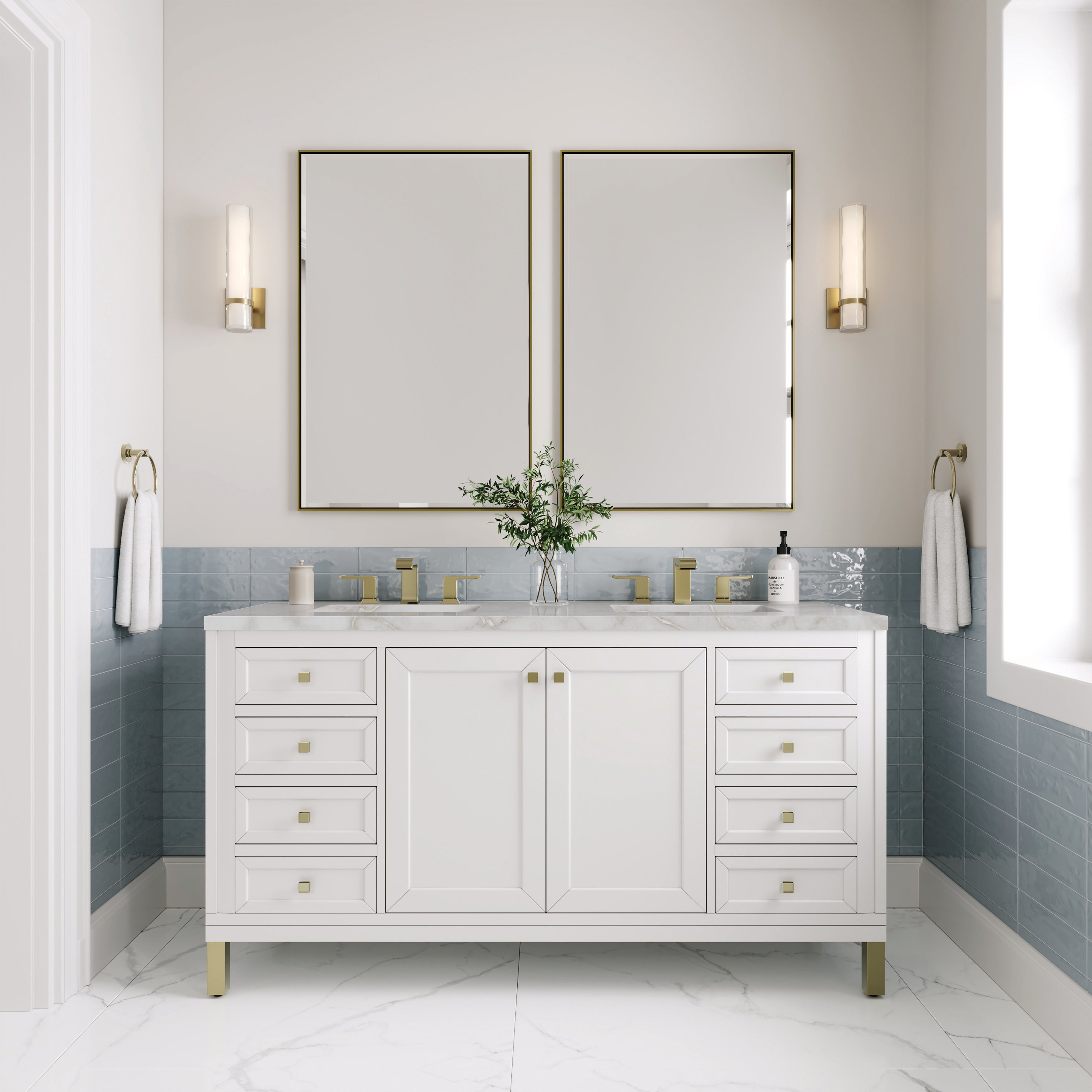 James Martin Chicago 60" Double Vanity in Glossy White with 3cm Countertop and FreePower Wireless Charger