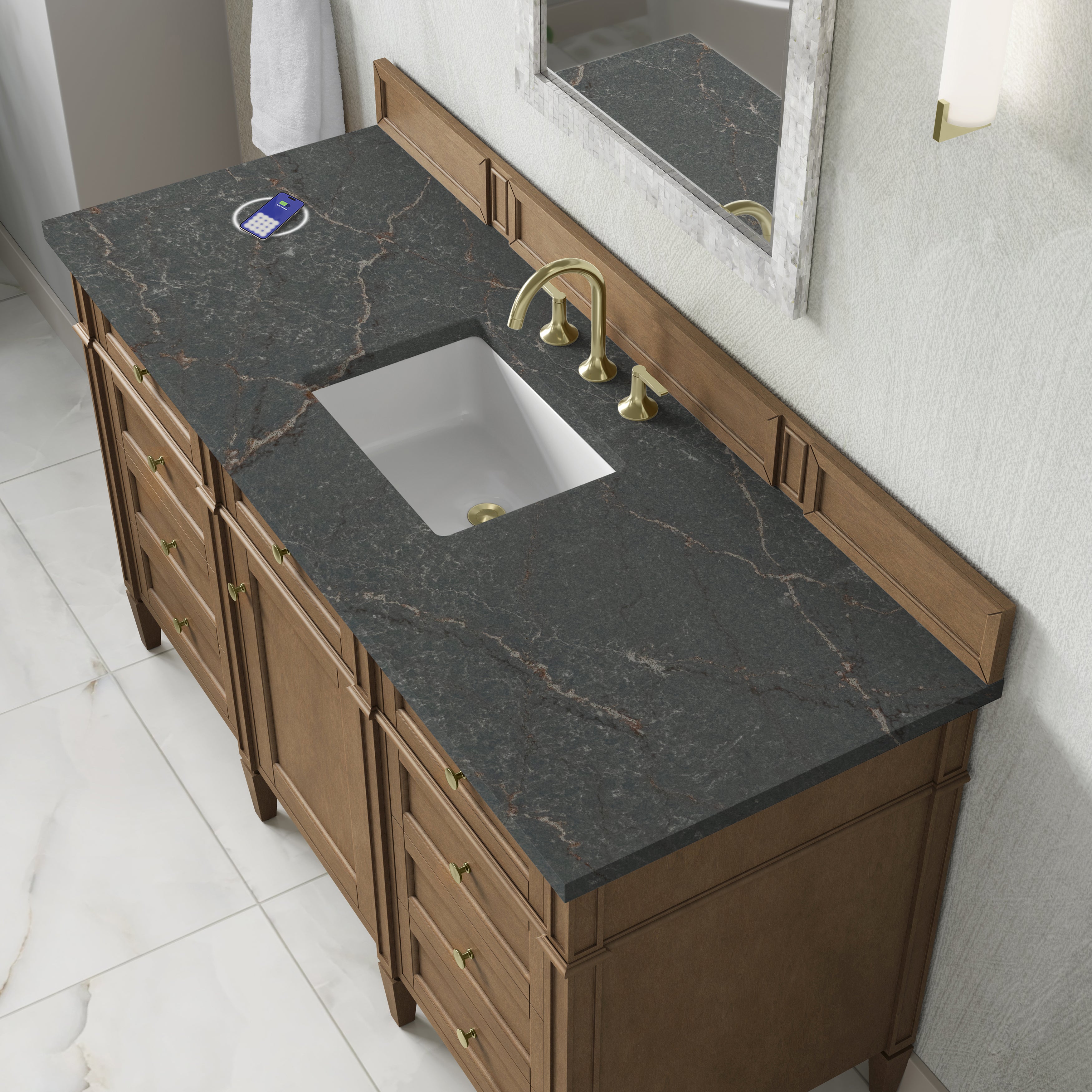 James Martin Brittany 60" Single Vanity in Pecan with 3cm Countertop and FreePower Wireless Charger