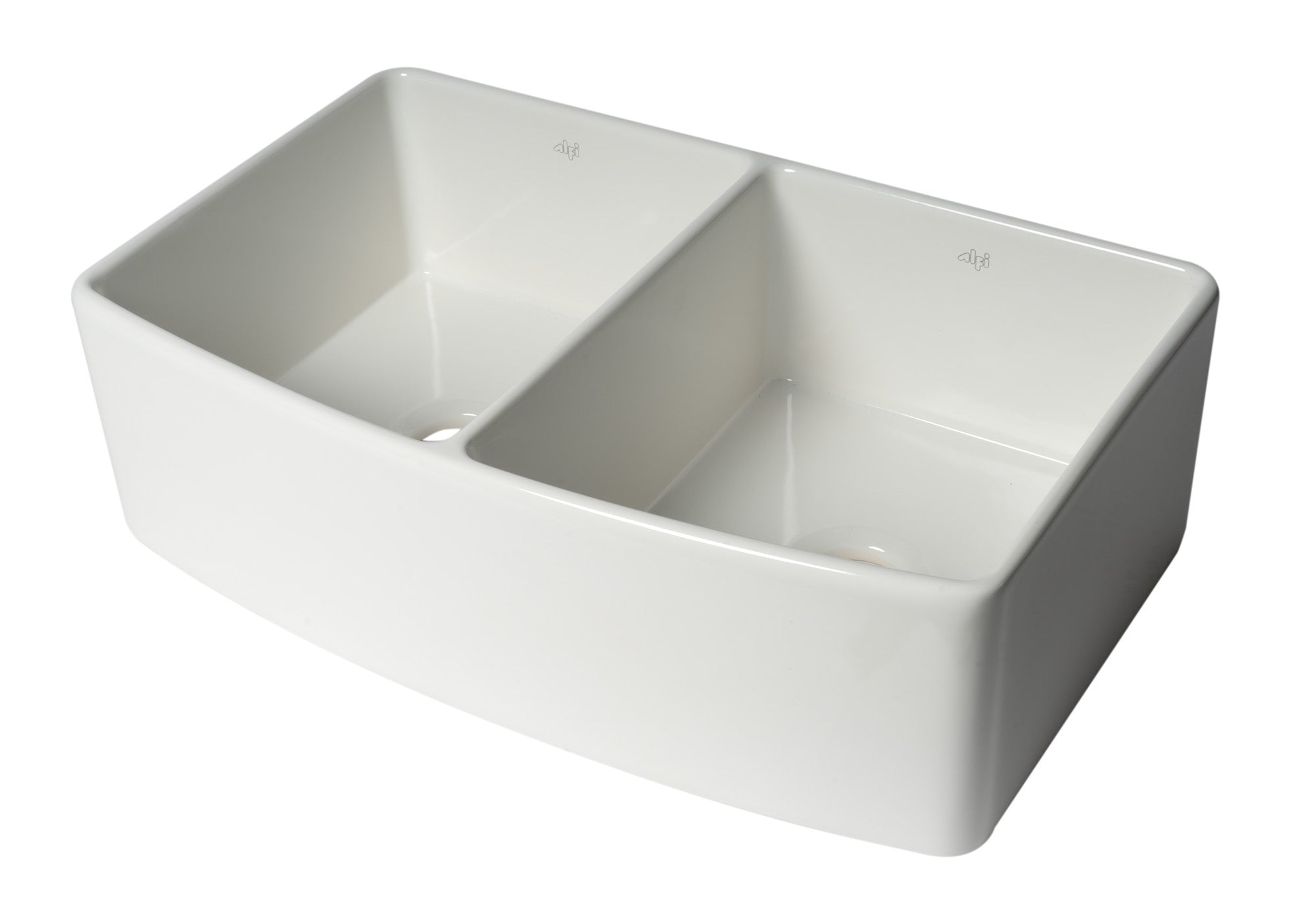 ALFI brand ABFC3320D ABFC3320D-W White Smooth Curved Apron 33" x 20" Double Bowl Fireclay Farm Sink with Grid