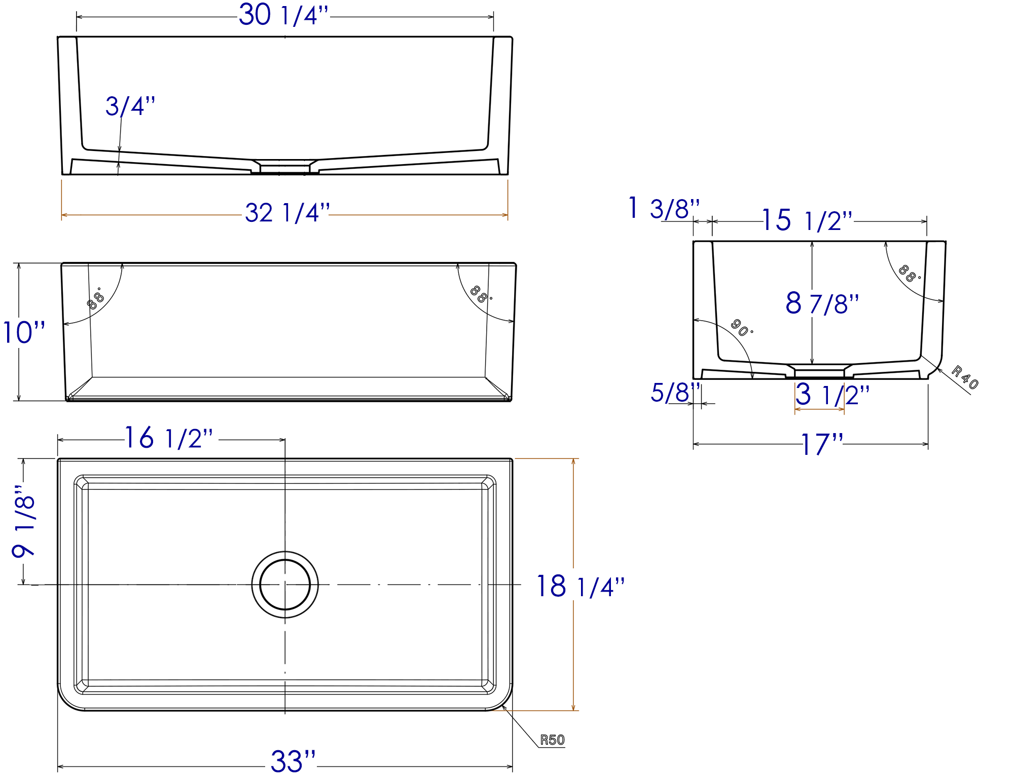 ALFI brand AB3318SB Smooth Apron Solid Thick Wall Fireclay Single Bowl Farm Sink