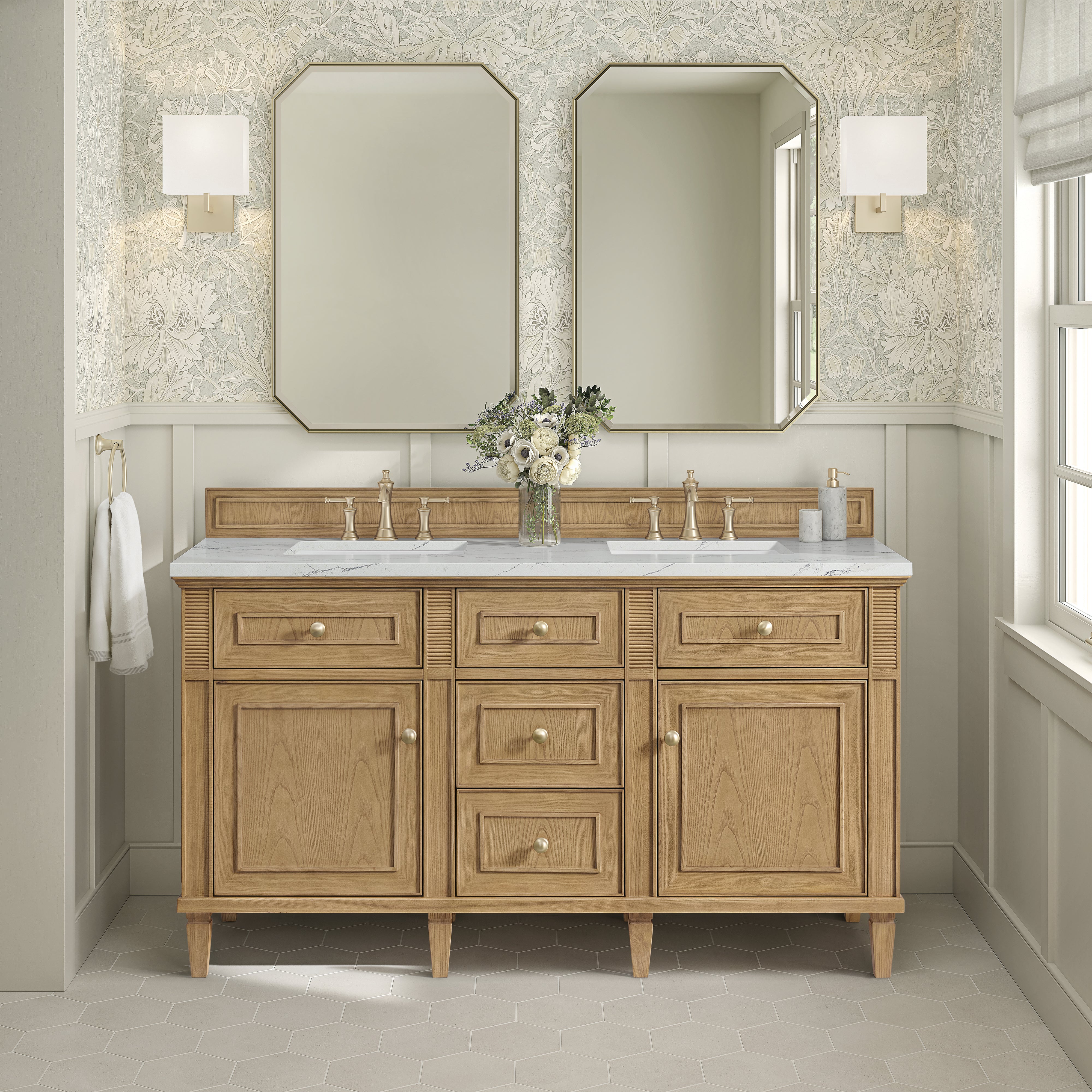 James Martin Lorelai 60" Double Vanity in Light Natural Oak with 3cm Countertop and FreePower Wireless Charger
