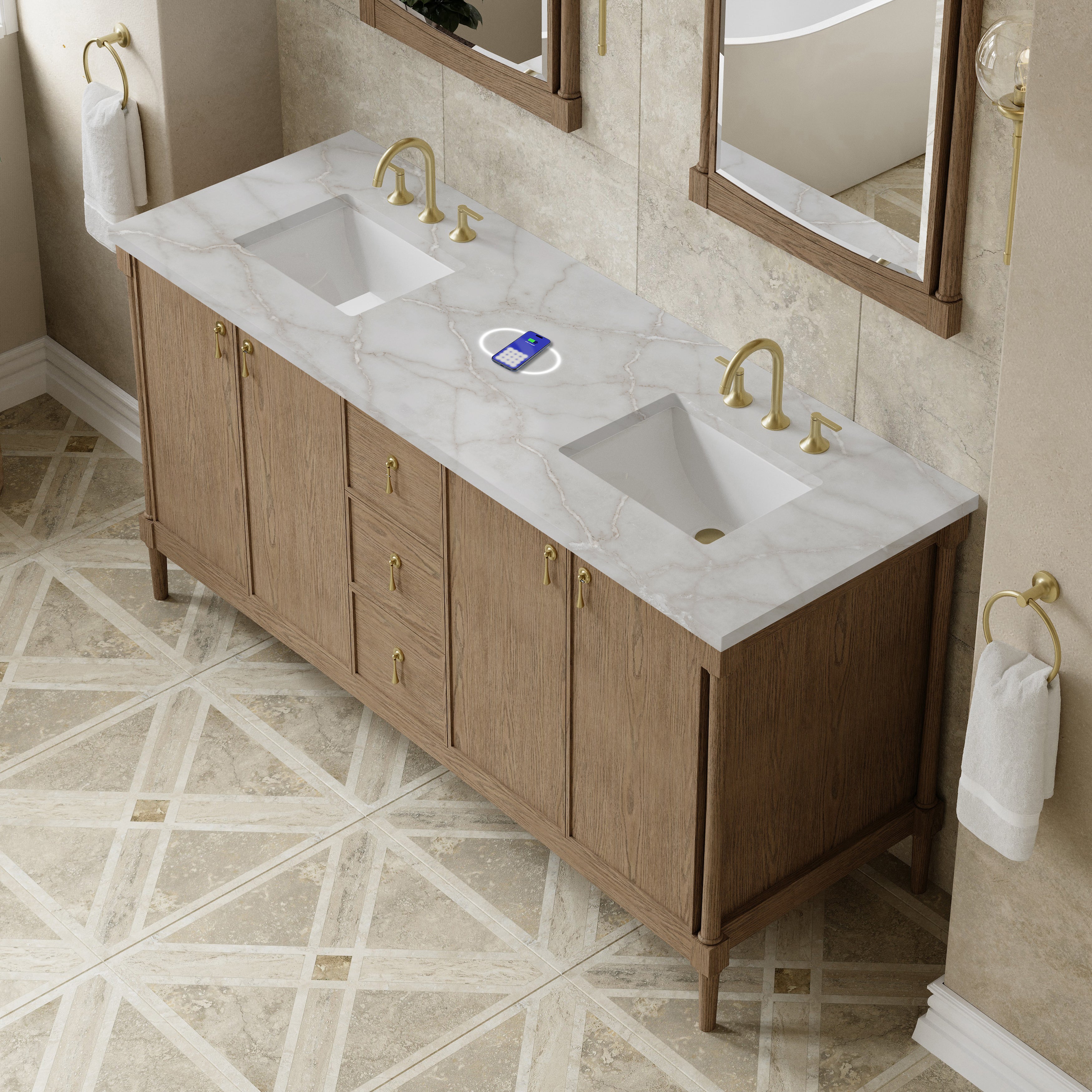 James Martin Kinnsden 72" Double Vanity in Weathered Oak with 3cm Carrara Marble Top and FreePower Wireless Charger