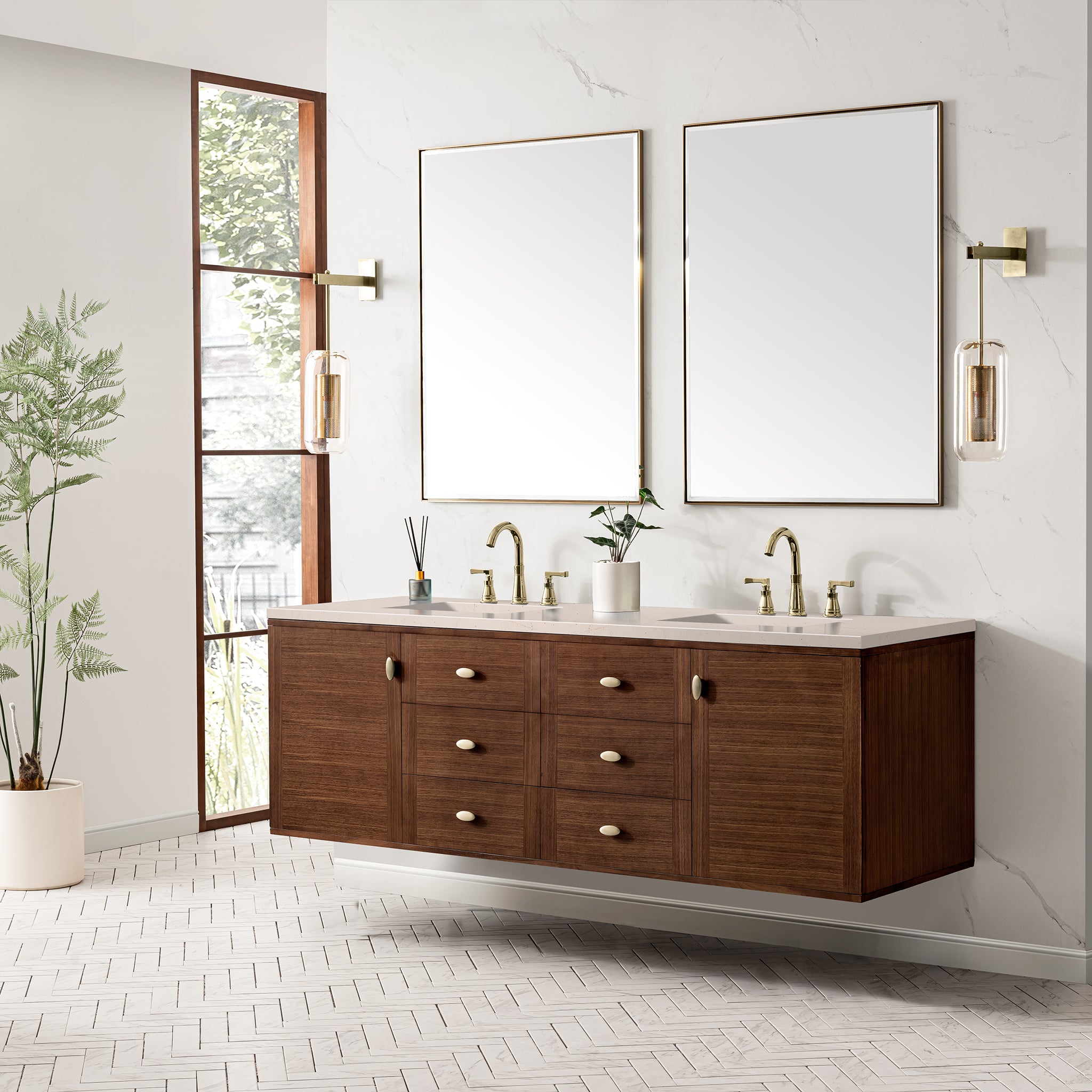 James Martin Amberly 72" Double Vanity in Mid-Century Walnut with 3cm Countertop