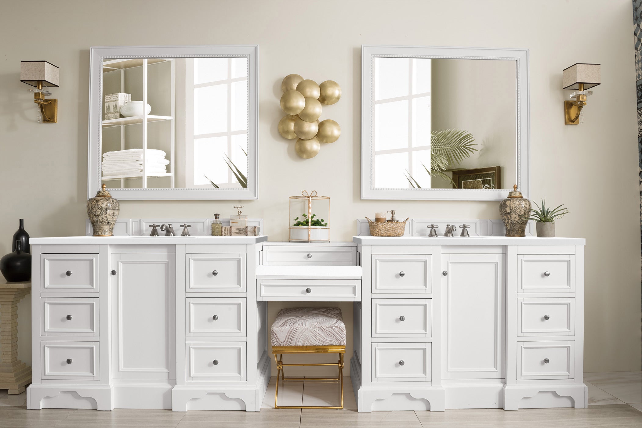 James Martin De Soto 118" Double Vanity Set in Bright White with 3cm Countertop