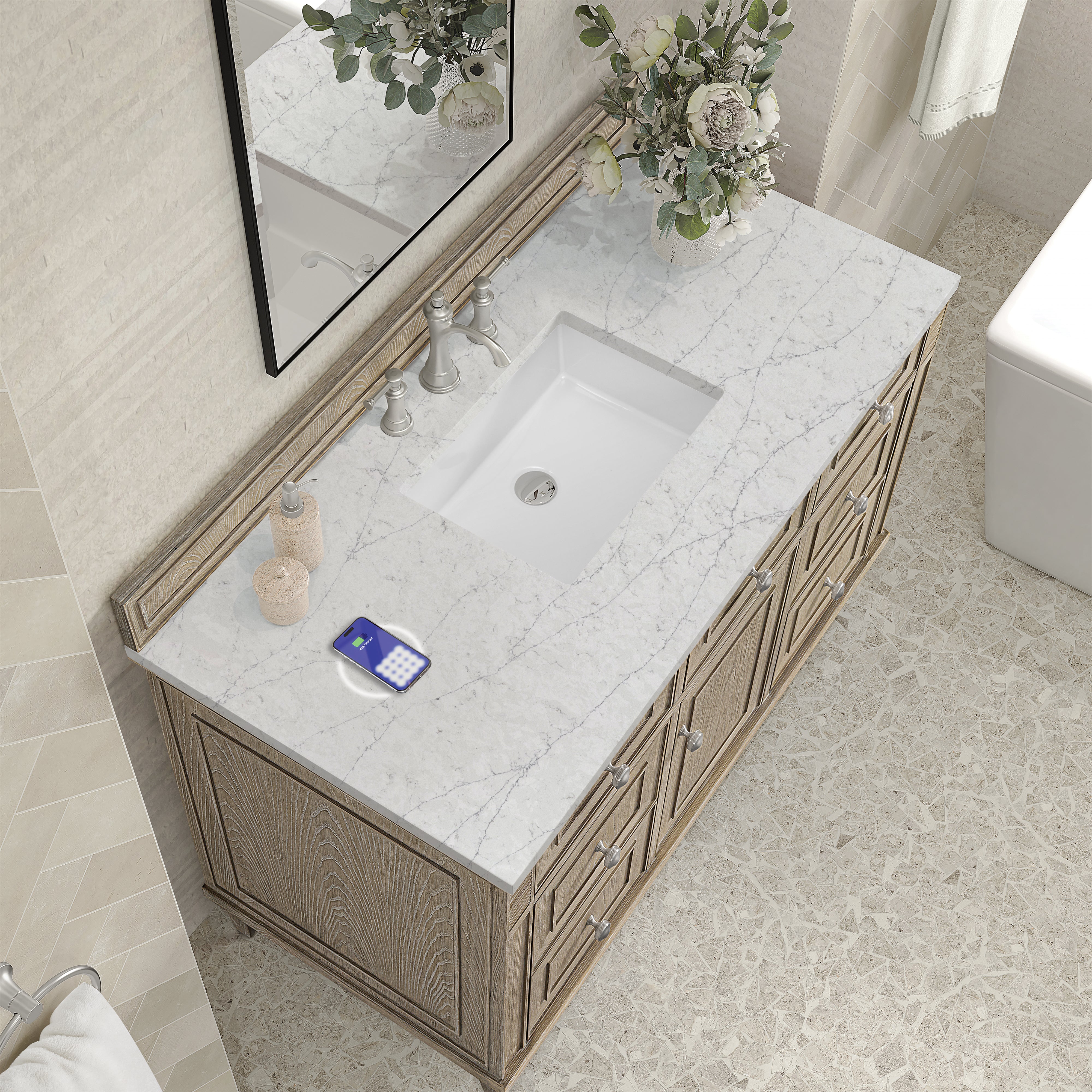 James Martin Lorelai 48" Single Vanity in Whitewashed Oak with 3cm Countertop and FreePower Wireless Charger
