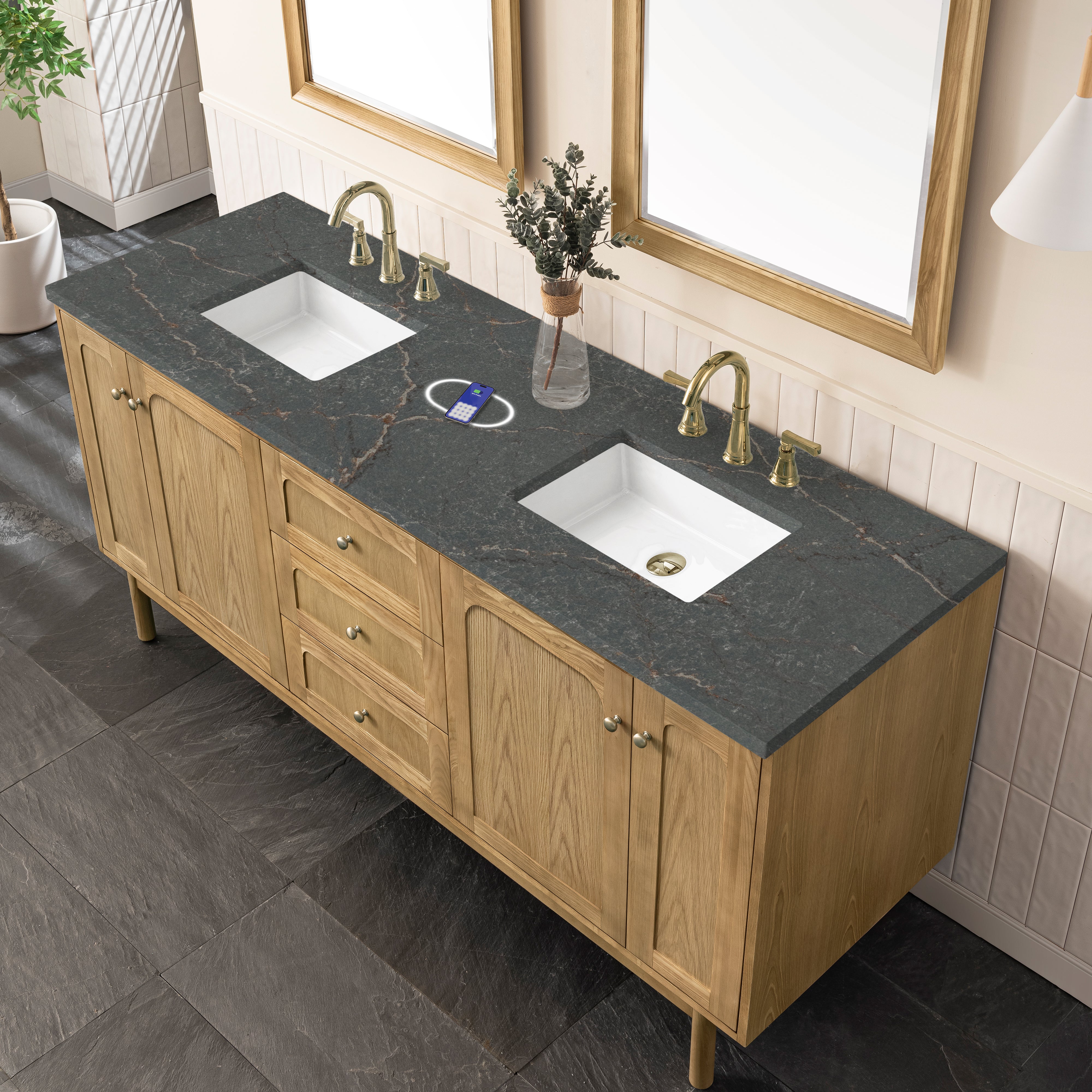 James Martin Laurent 72" Double Vanity in Light Natural Oak with 3cm Countertop and FreePower Wireless Charger