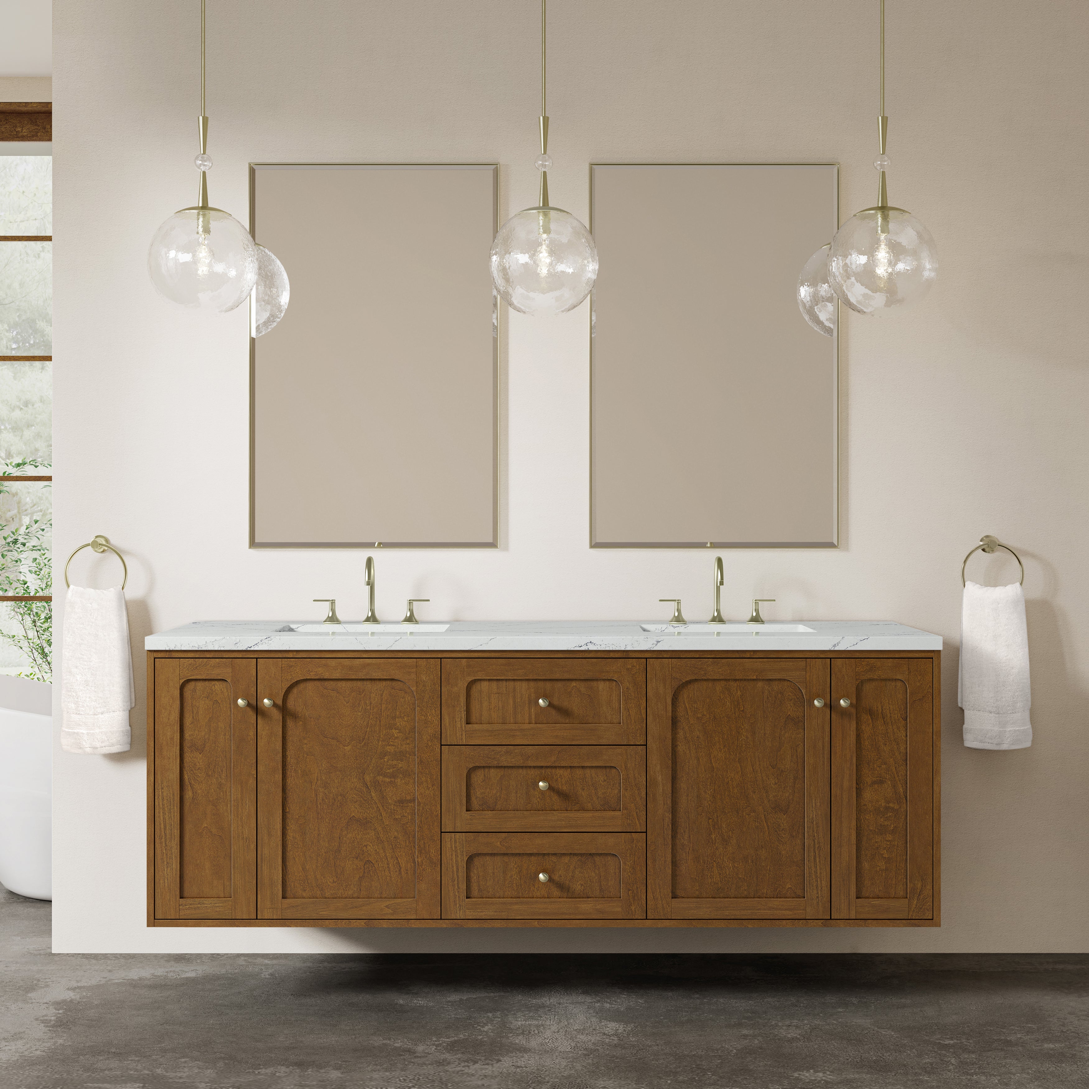 James Martin Laurent 72" Double Vanity in Honey Oak with 3cm Countertop and FreePower Wireless Charger