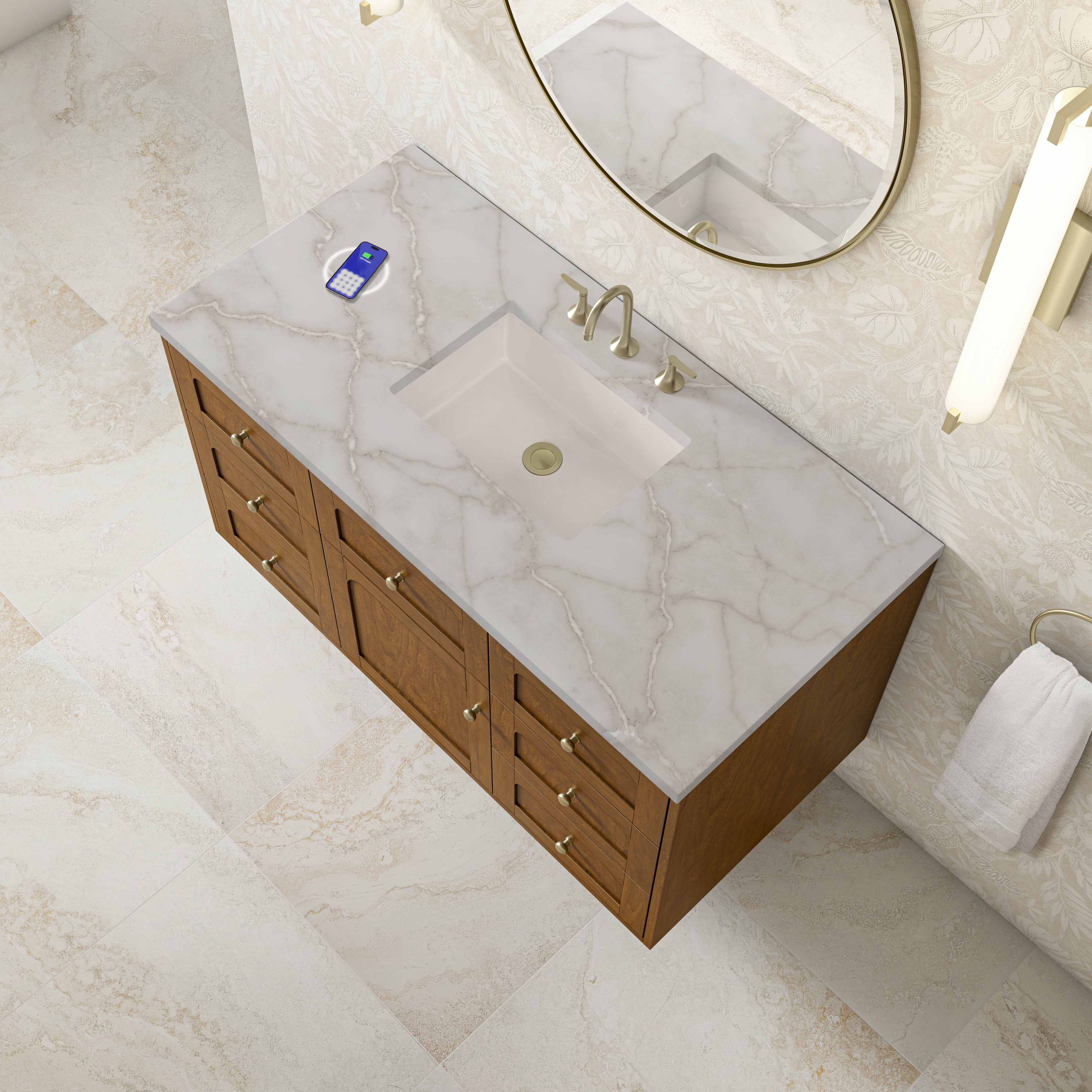 James Martin Laurent 48" Single Vanity in Honey Oak with 3cm Countertop and FreePower Wireless Charger