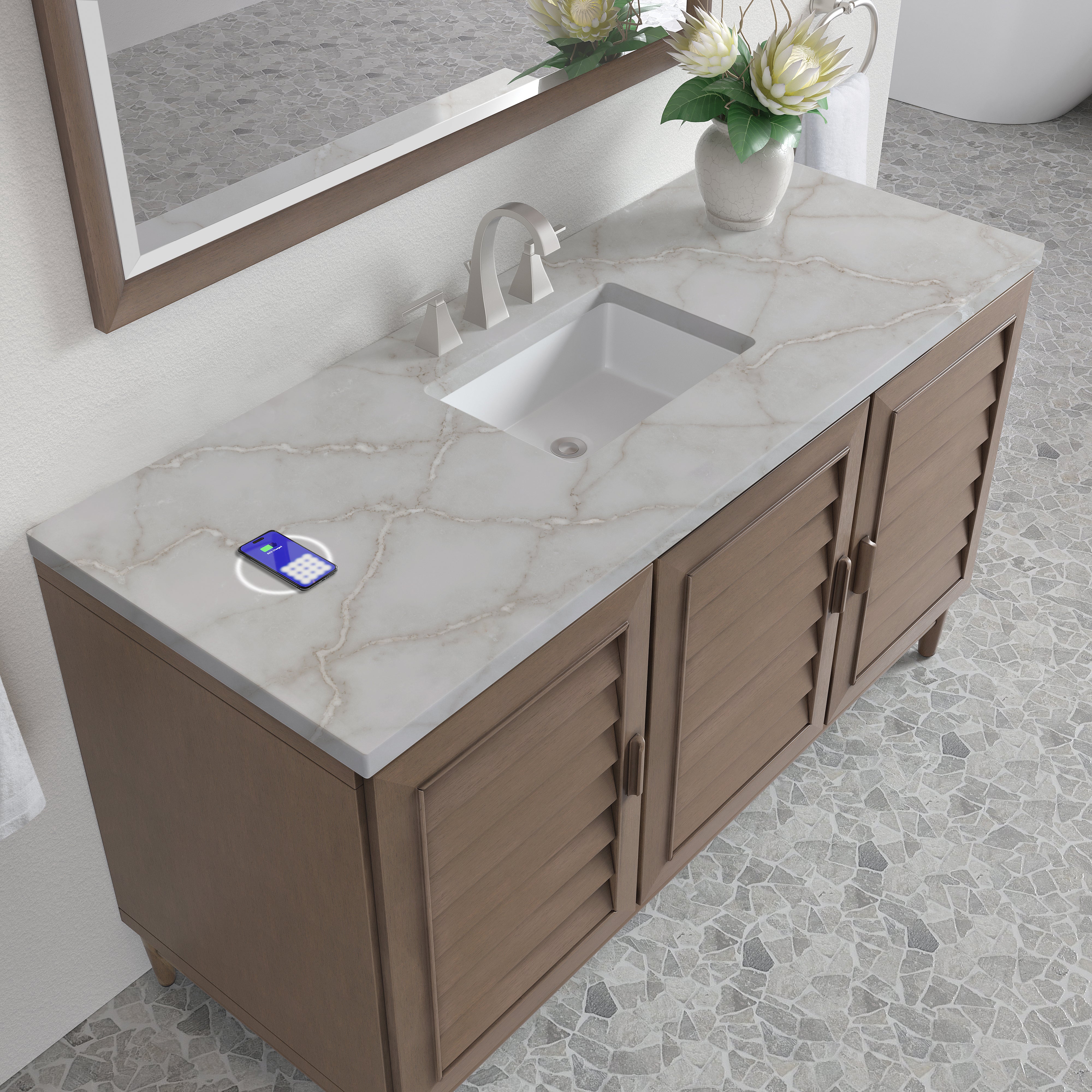 James Martin Portland 60" Single Vanity in Whitewashed Walnut with 3cm Countertop and FreePower Wireless Charger