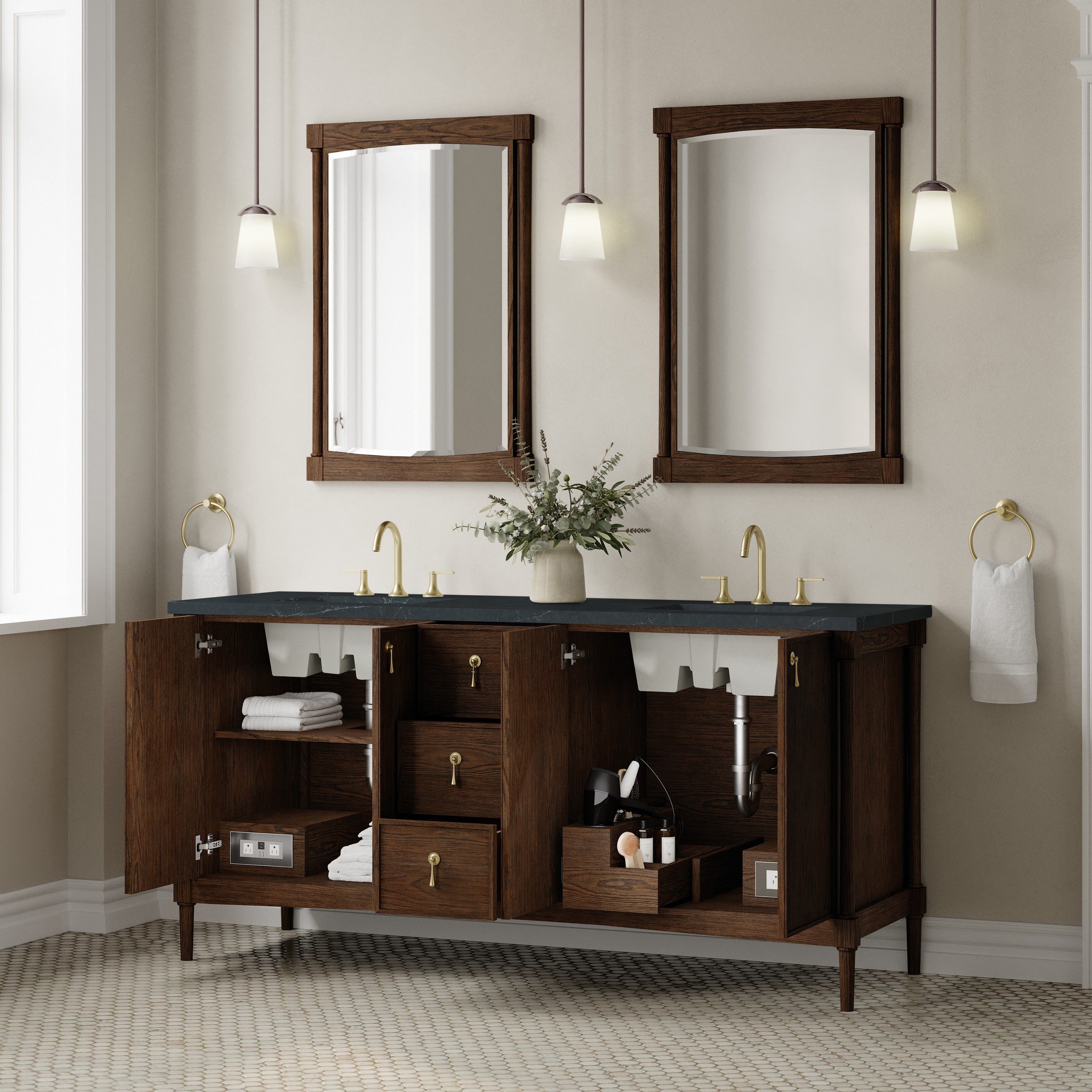 James Martin Kinnsden 72" Double Vanity in Sable Oak with 3cm Carrara Marble Top