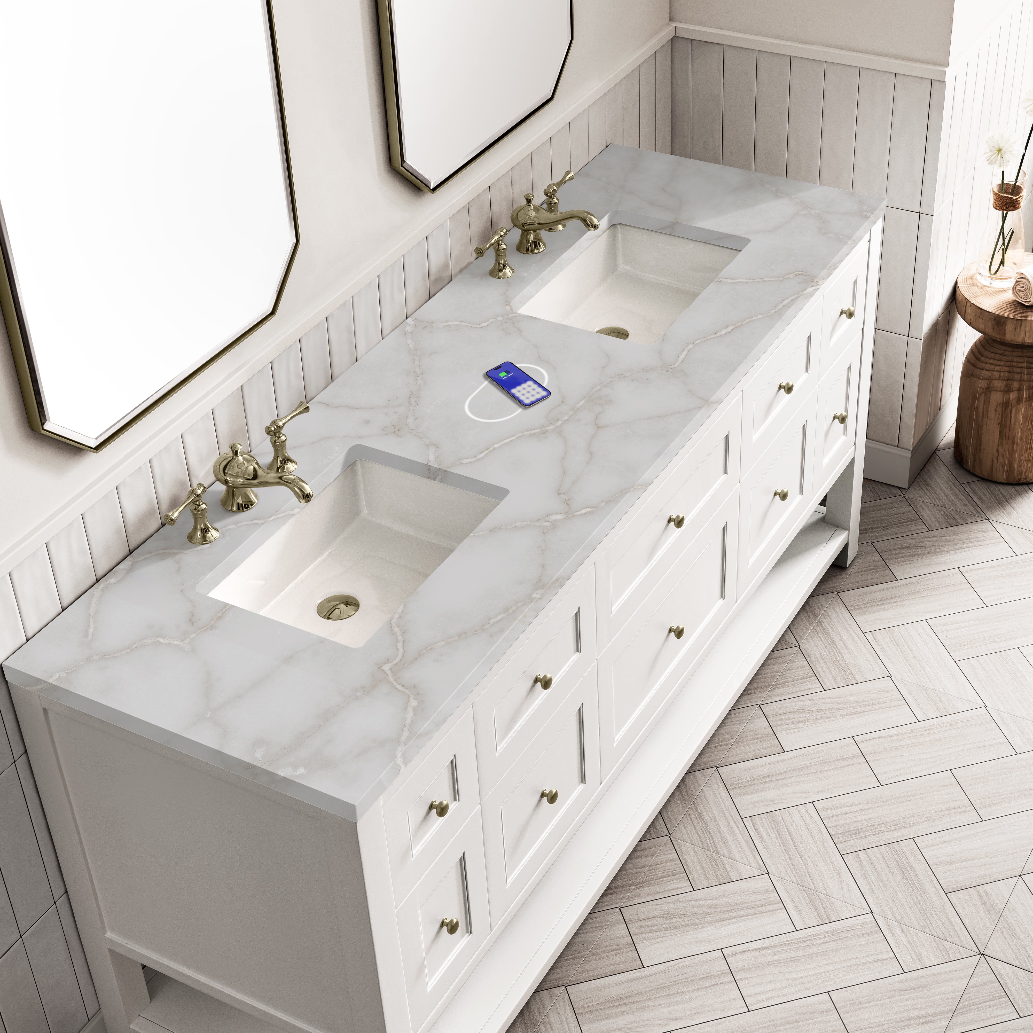 James Martin Breckenridge 72" Double Vanity in Bright White with 3cm Countertop and FreePower Wireless Charger