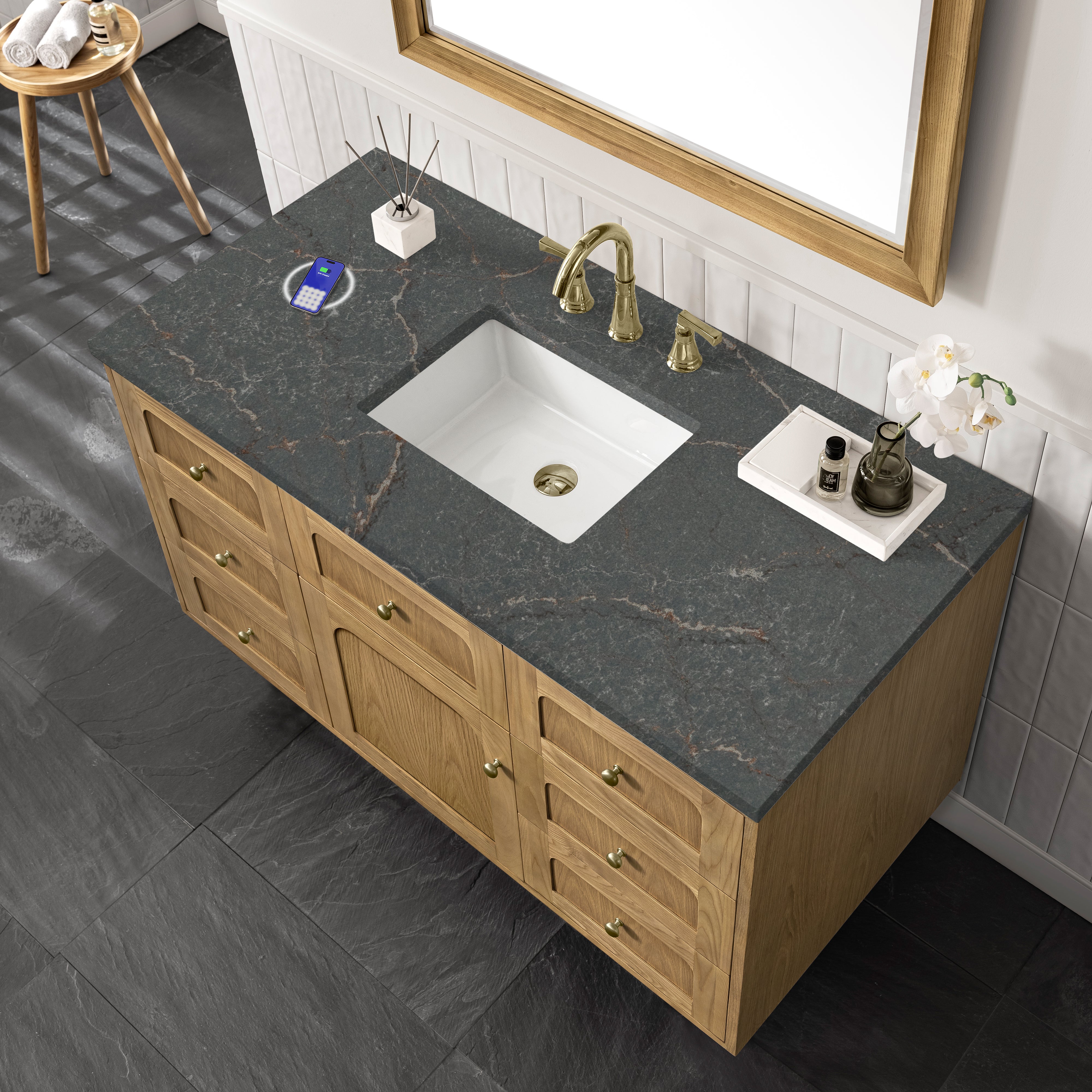 James Martin Laurent 48" Single Vanity in Light Natural Oak with 3cm Countertop and FreePower Wireless Charger