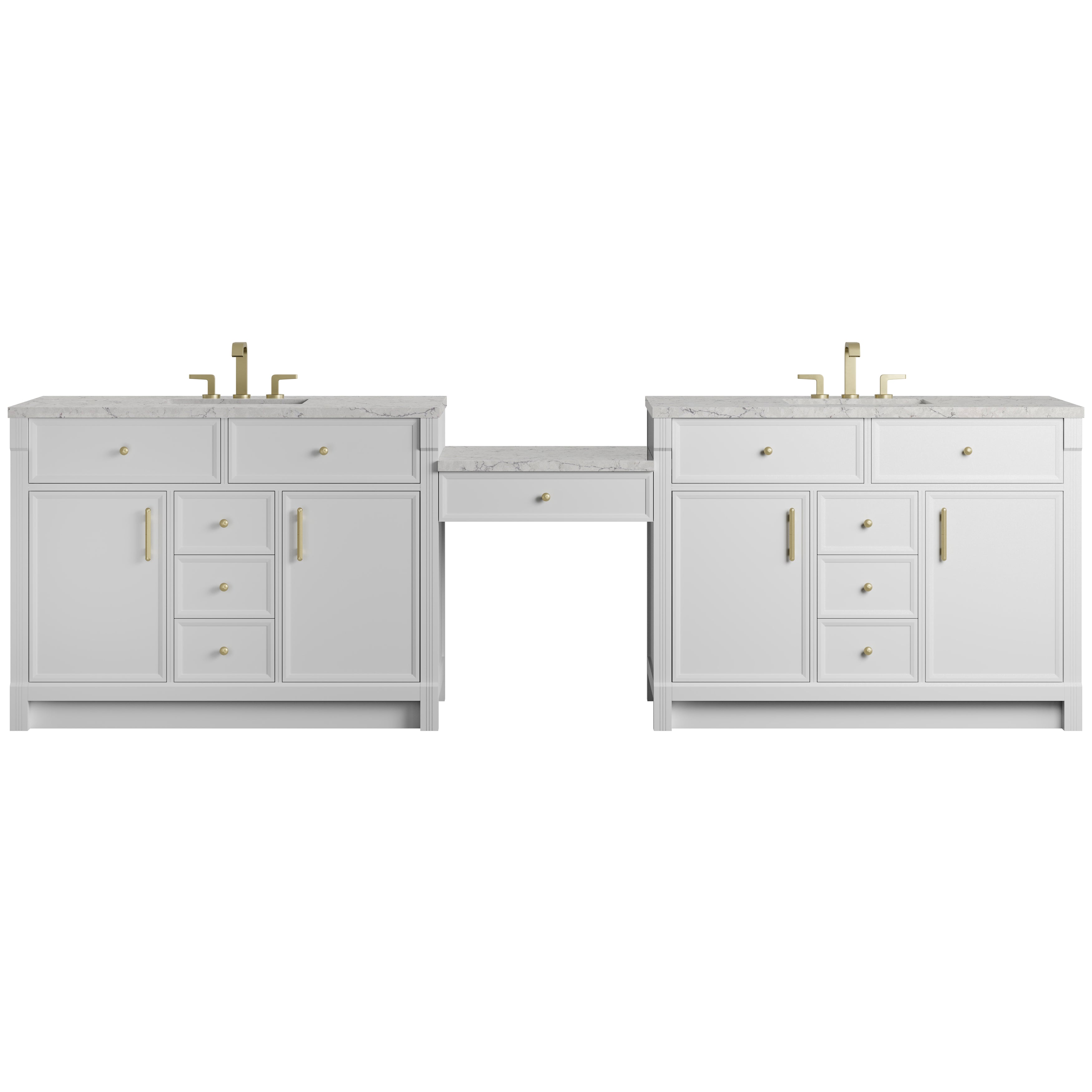 James Martin Bellshire 120" Dual Vanity Set with 24" Make-Up Counter in Bright White with 3cm Countertop