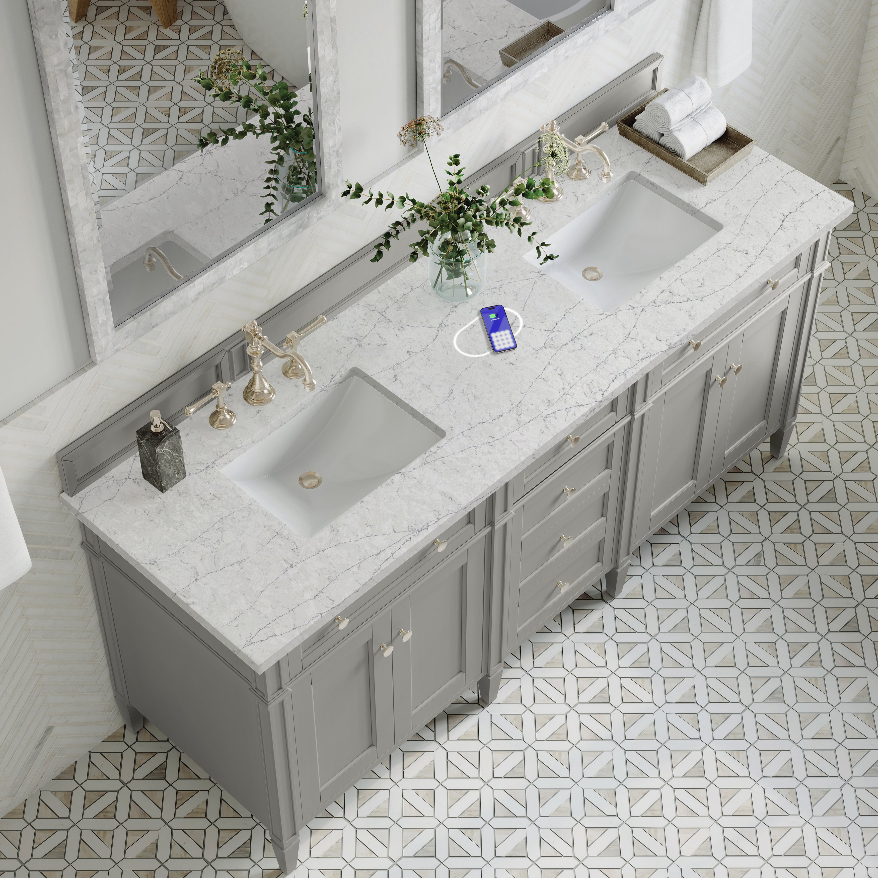 James Martin Brittany 72" Double Vanity in Urban Gray with 3cm Countertop and FreePower Wireless Charger