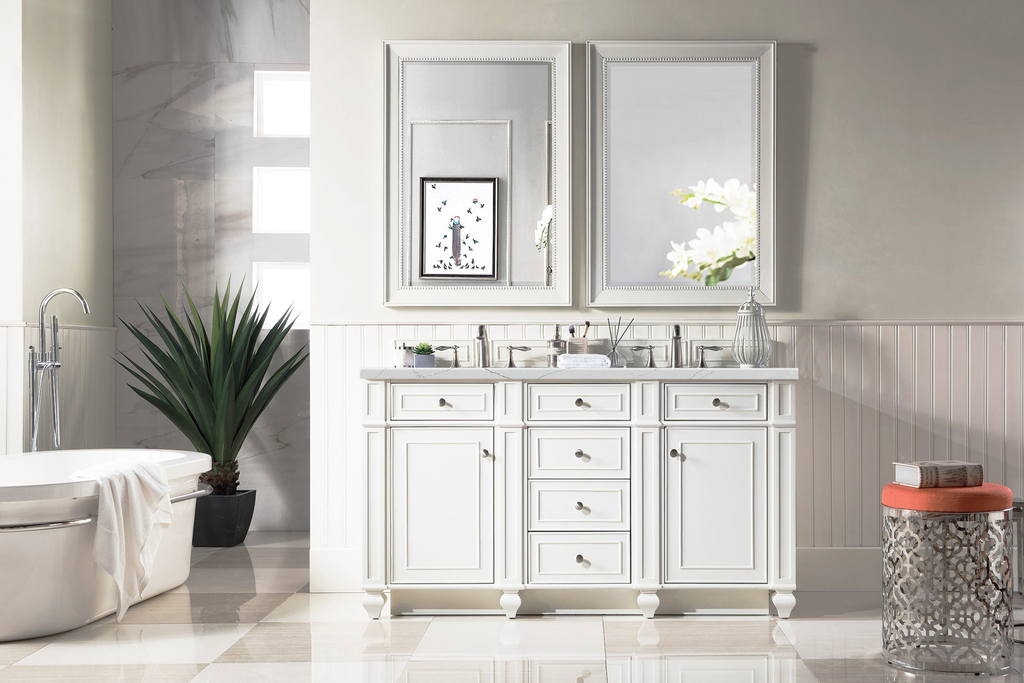James Martin Bristol 60" Double Vanity in Bright White with 3cm Countertop and FreePower Wireless Charger
