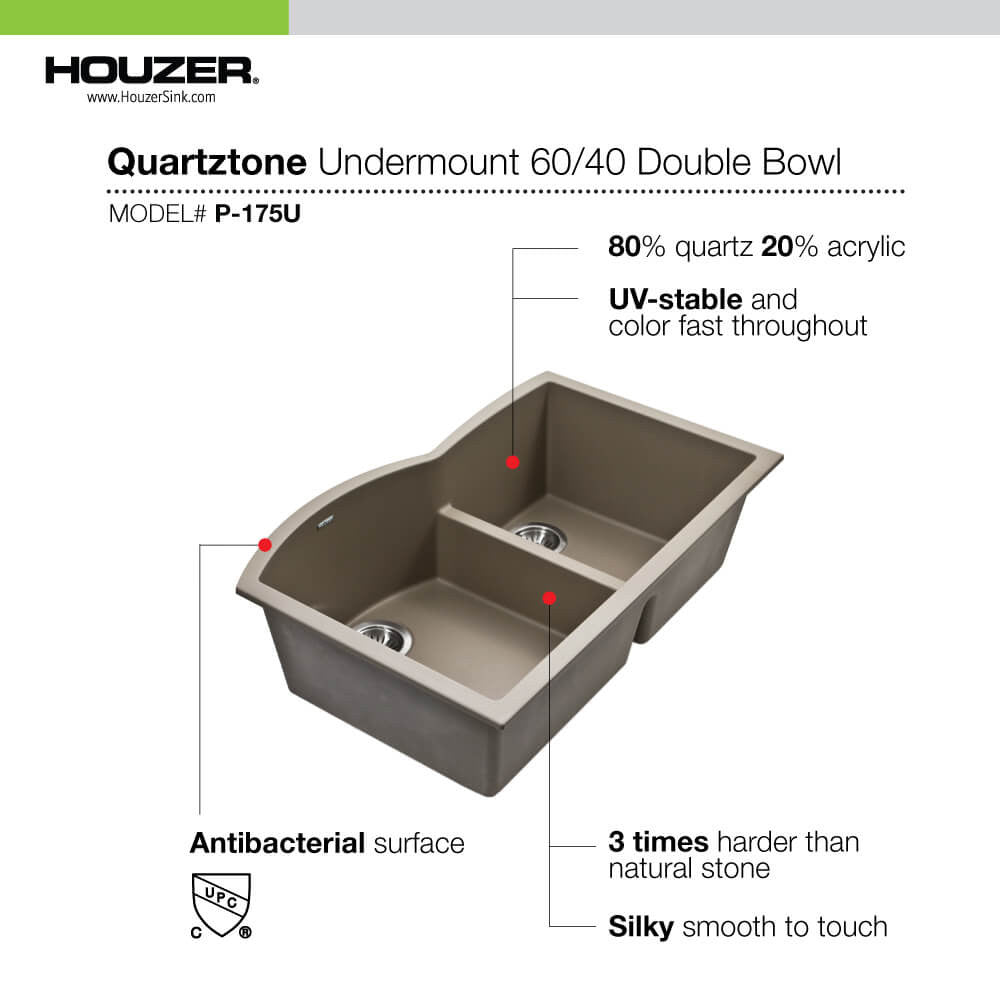 Houzer Cassiano 33 inch Undermount 60/40 Double Bowl Granite Kitchen Sink - P-175U