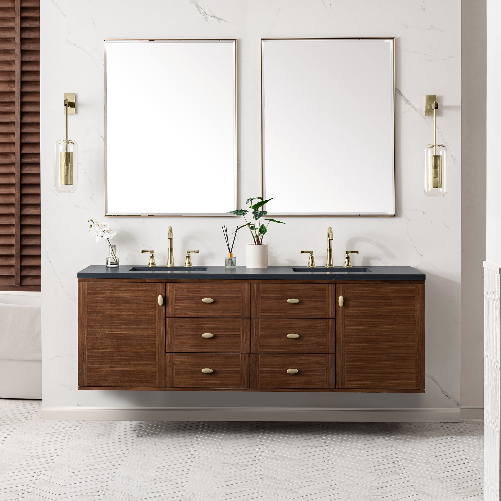 James Martin Amberly 72" Double Vanity in Mid-Century Walnut with 3cm Countertop