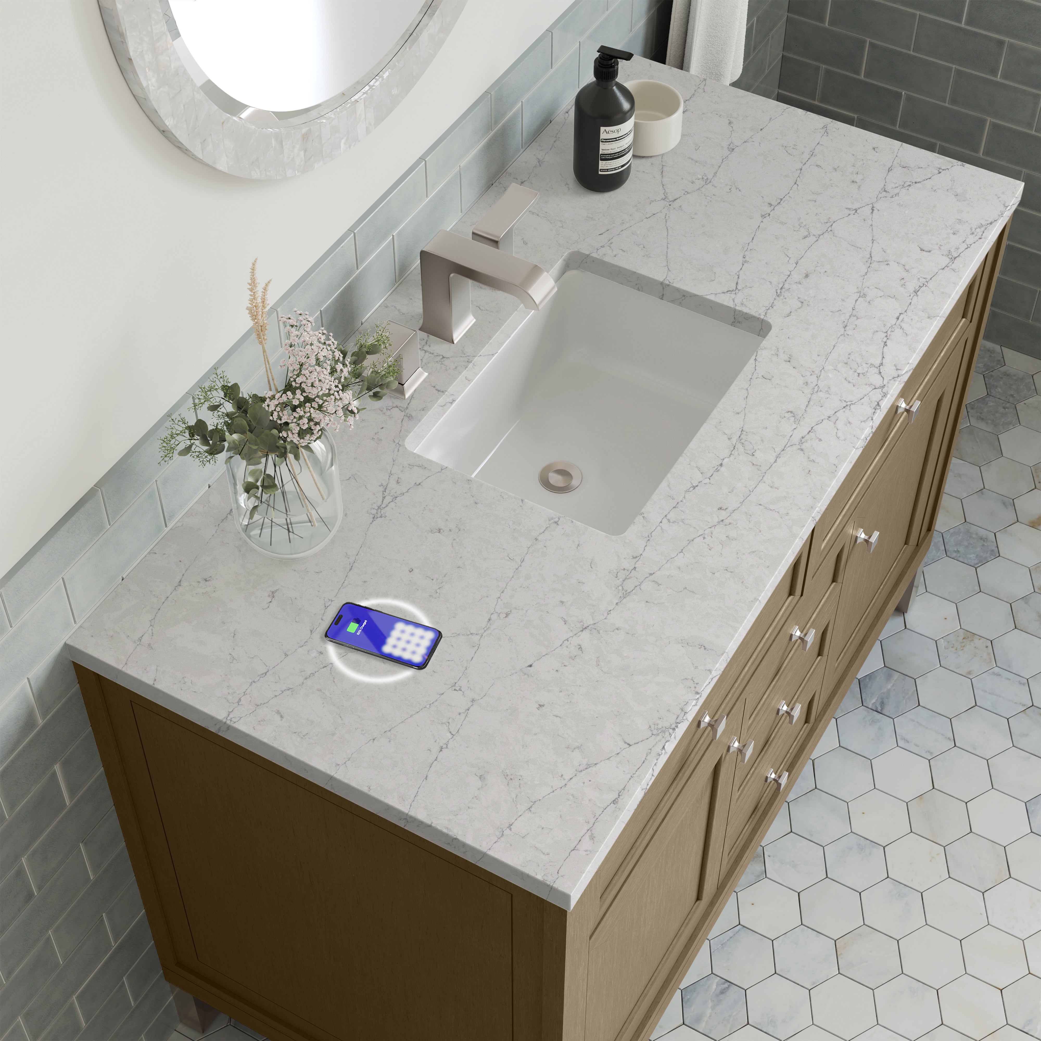 James Martin Chicago 48" Single Vanity in Walnut Whisper with 3cm Countertop and FreePower Wireless Charger