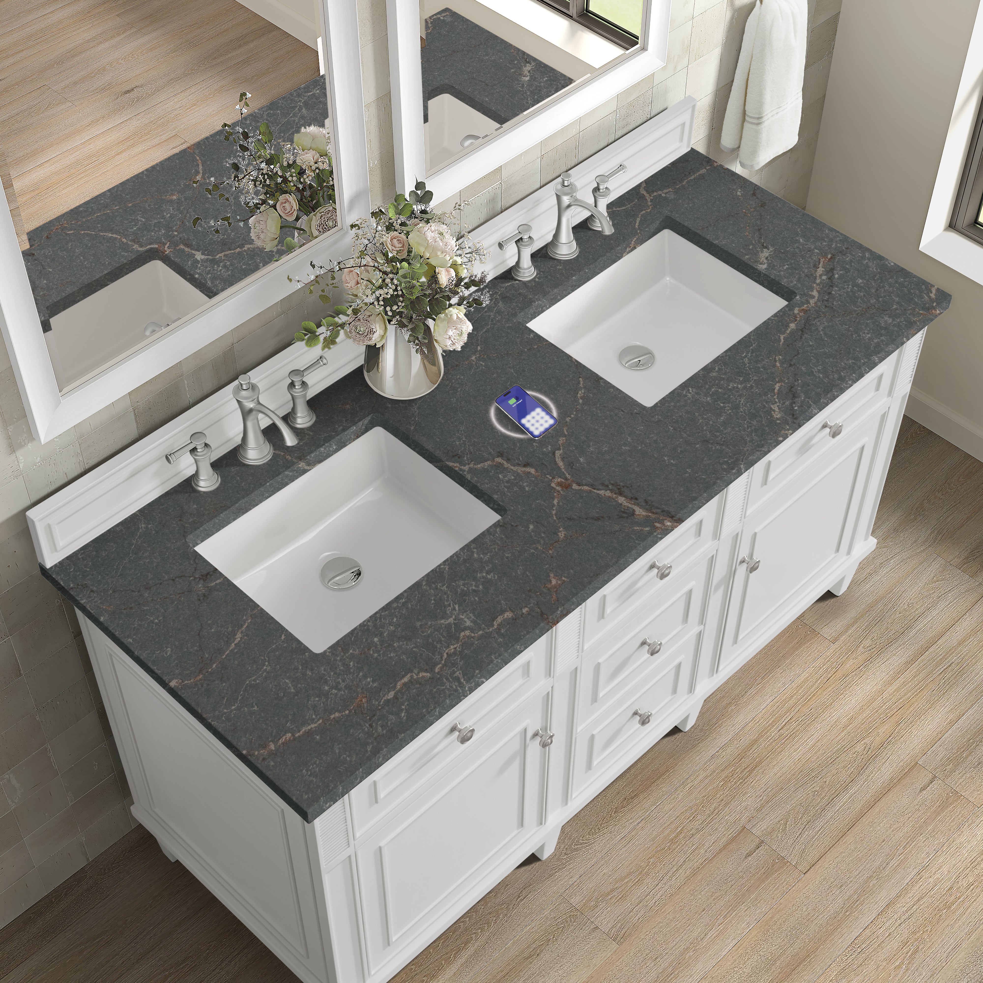 James Martin Lorelai 60" Double Vanity in Bright White with 3cm Countertop and FreePower Wireless Charger