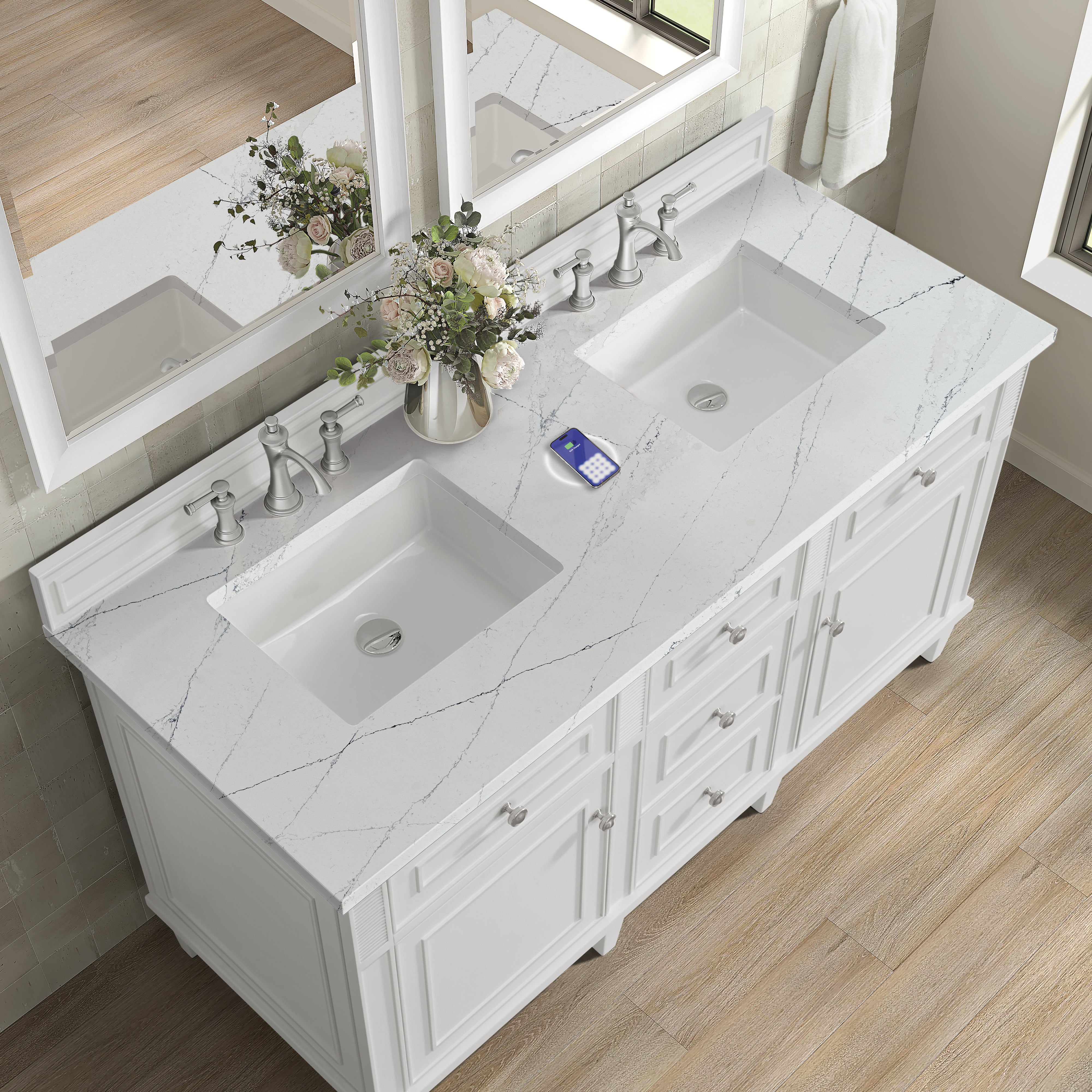 James Martin Lorelai 60" Double Vanity in Bright White with 3cm Countertop and FreePower Wireless Charger
