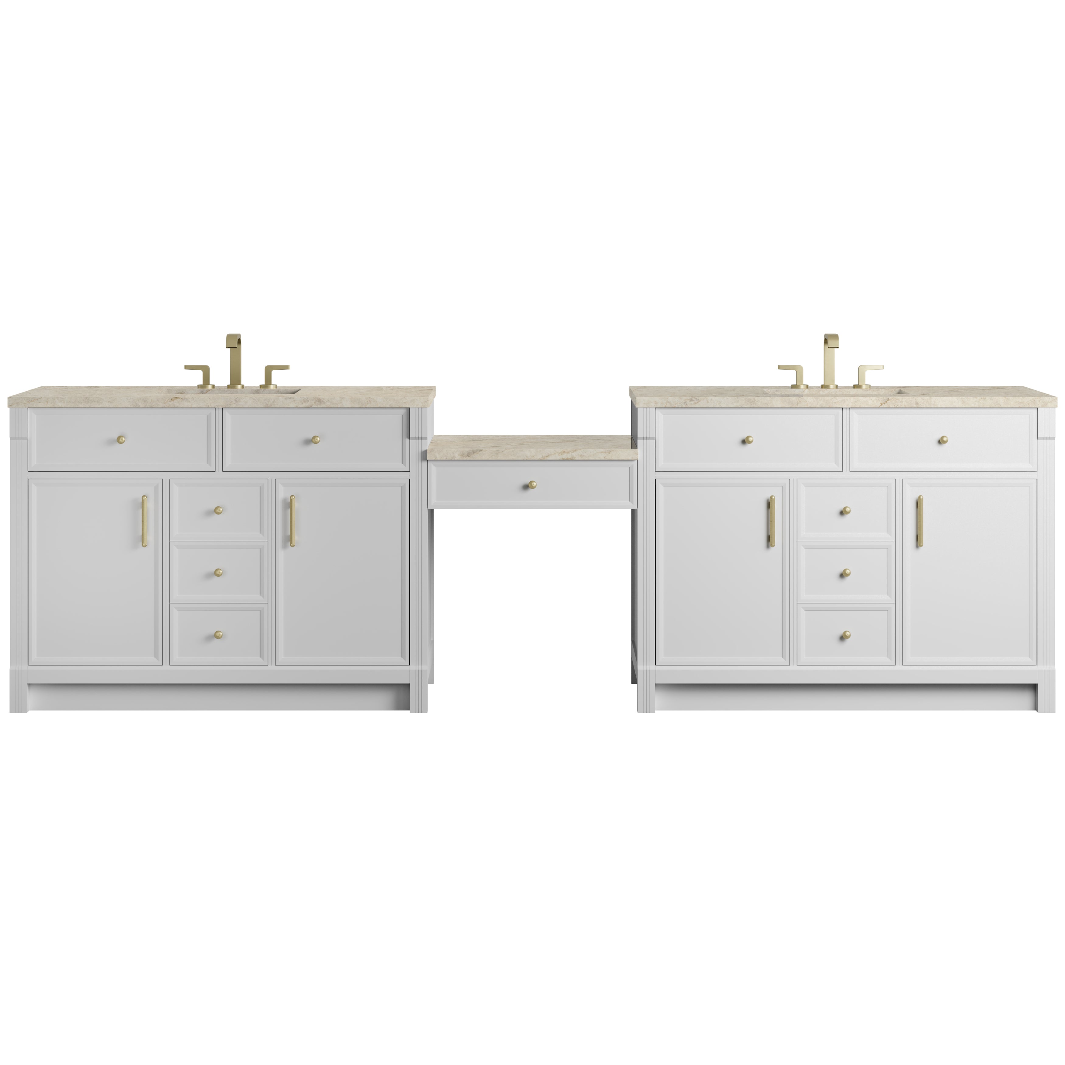 James Martin Bellshire 120" Dual Vanity Set with 24" Make-Up Counter in Bright White with 3cm Countertop